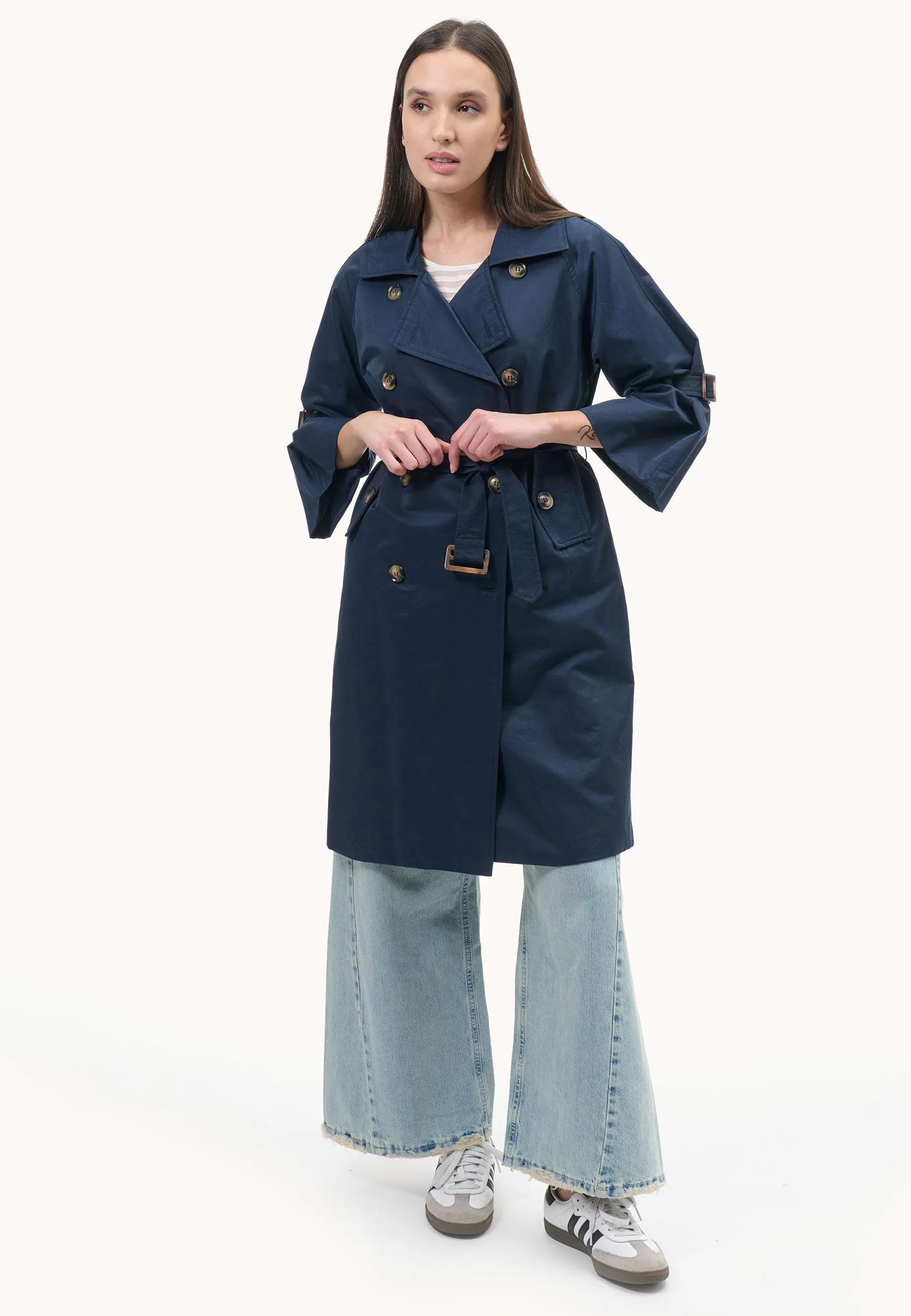 double-breasted trench coat with tie sleeves