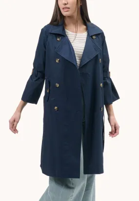 double-breasted trench coat with tie sleeves