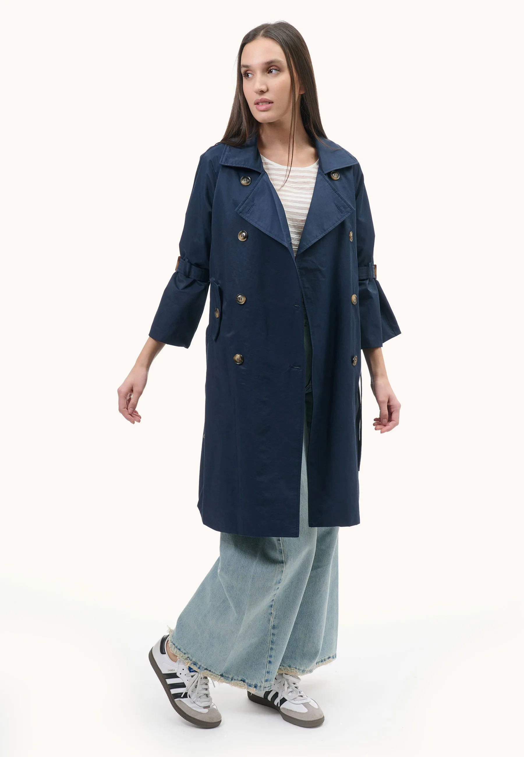 double-breasted trench coat with tie sleeves