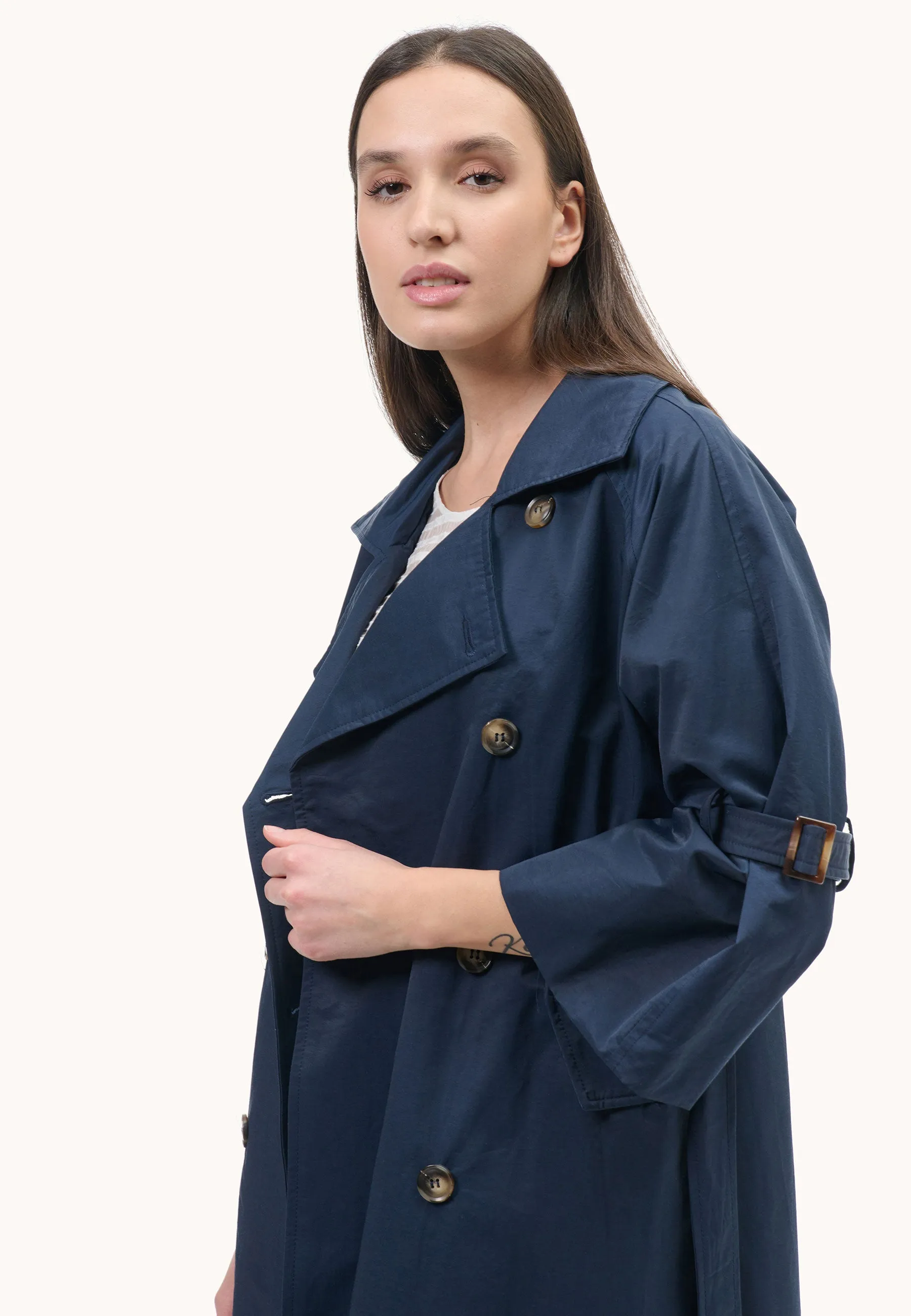 double-breasted trench coat with tie sleeves