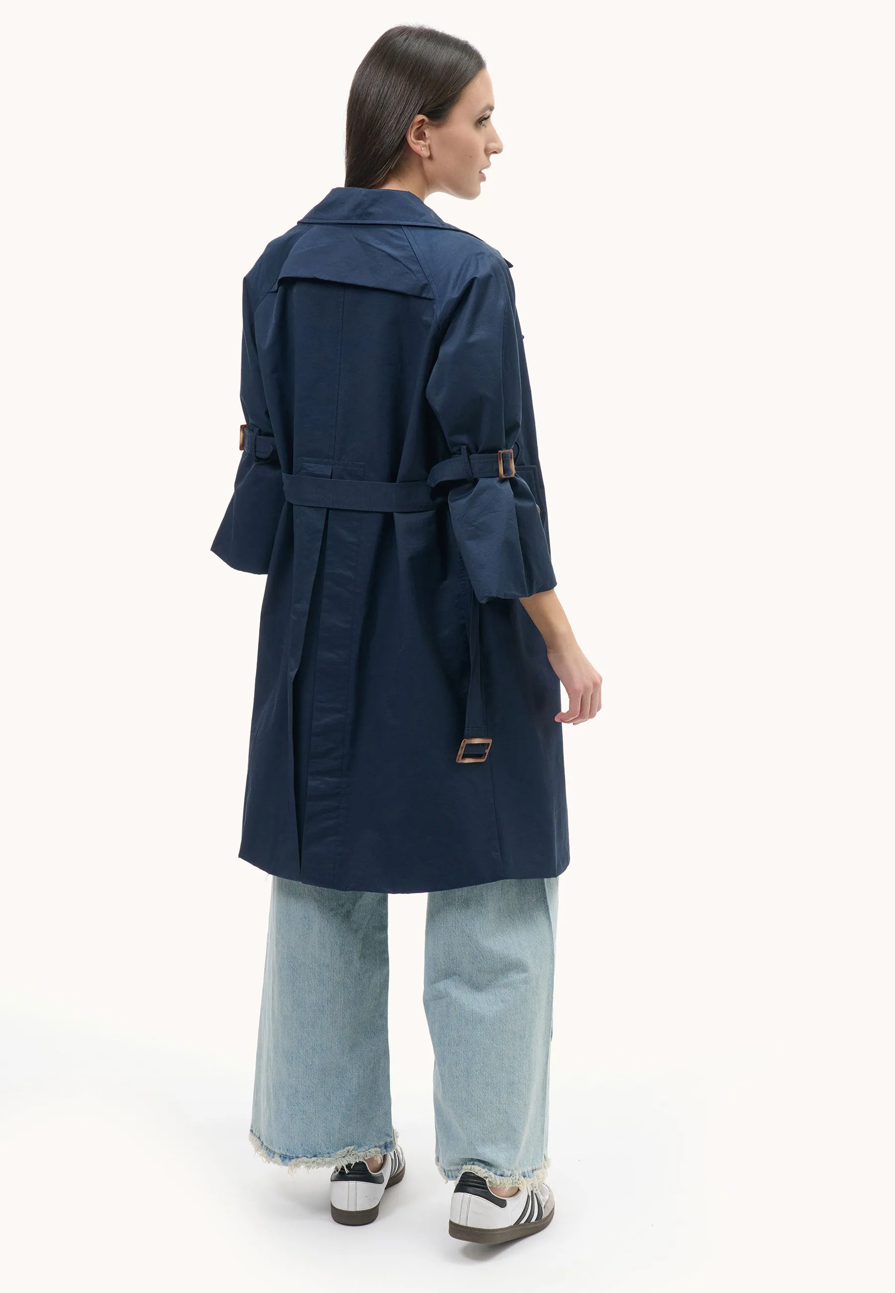 double-breasted trench coat with tie sleeves