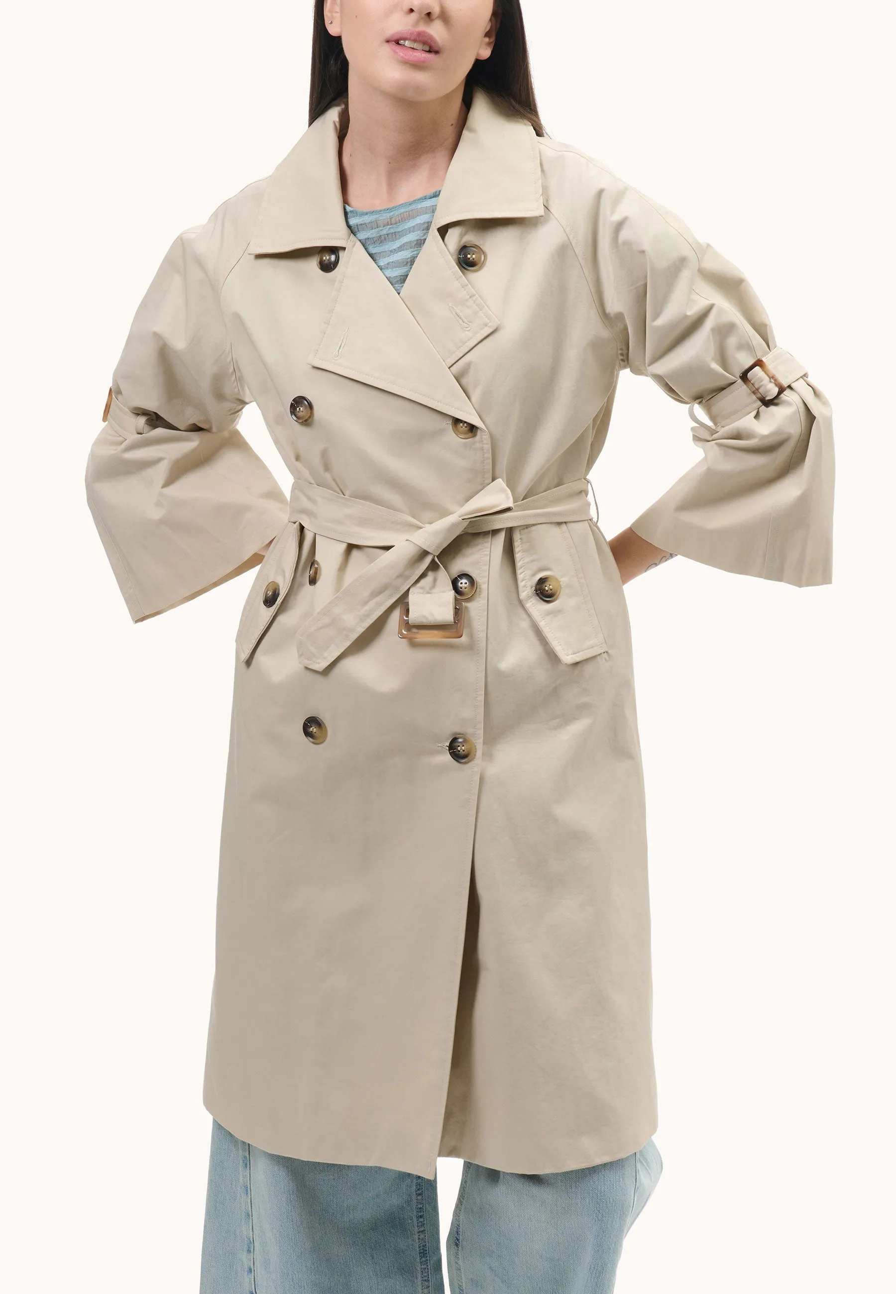 double-breasted trench coat with tie sleeves