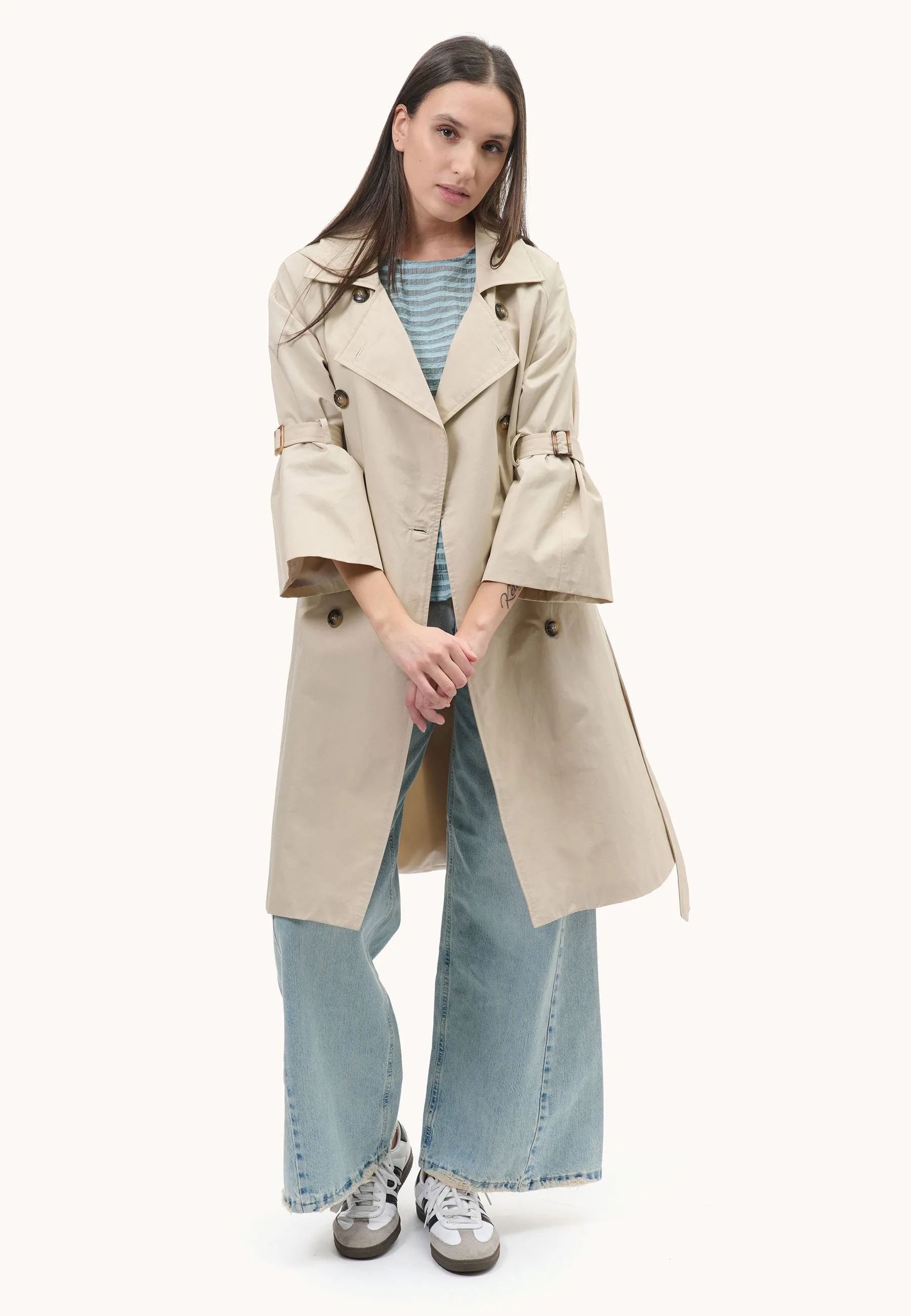 double-breasted trench coat with tie sleeves