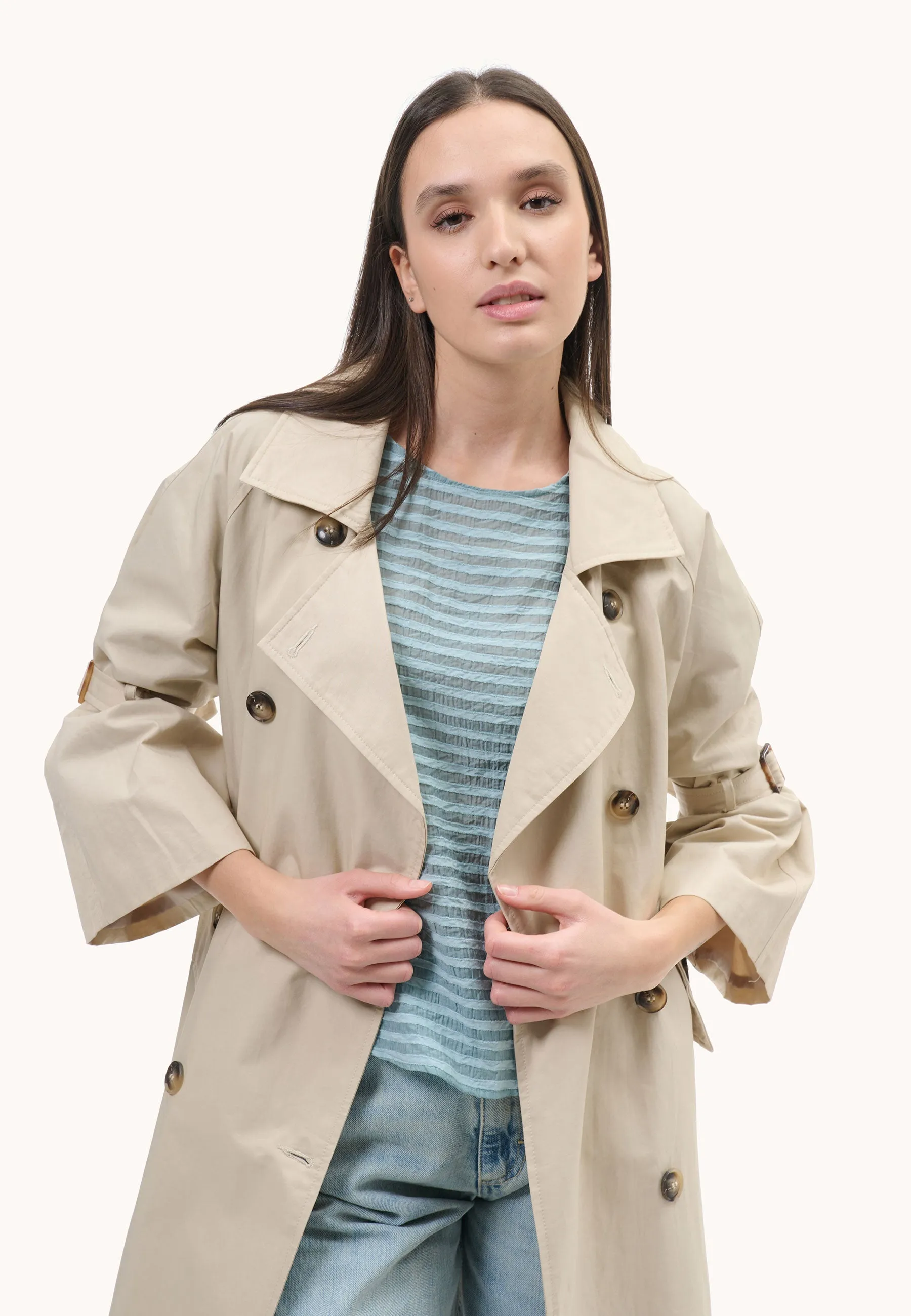 double-breasted trench coat with tie sleeves