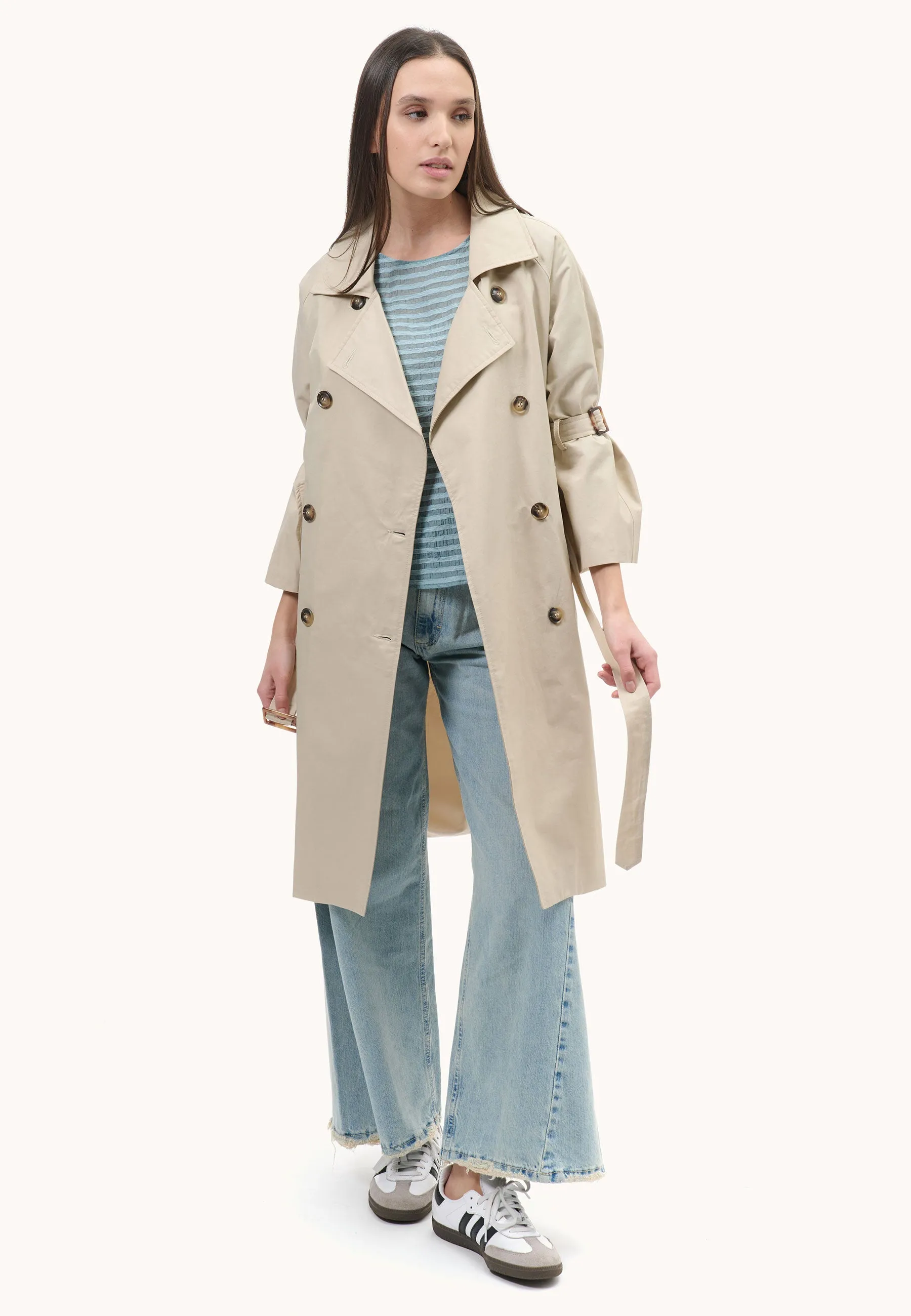 double-breasted trench coat with tie sleeves