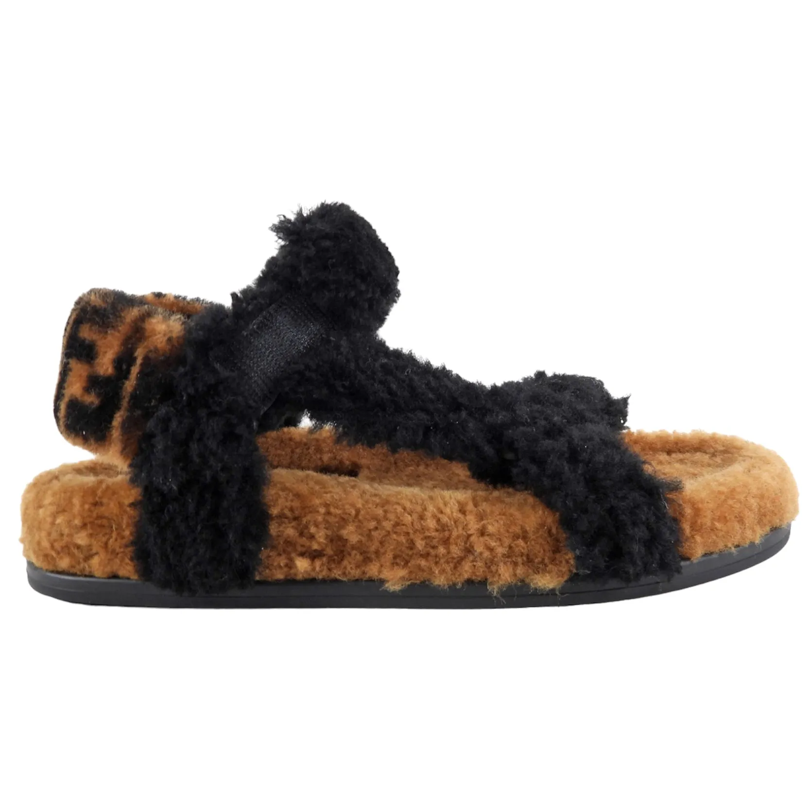 Fendi Brown and Black Zucca Logo Shearling Sandals - Size 37