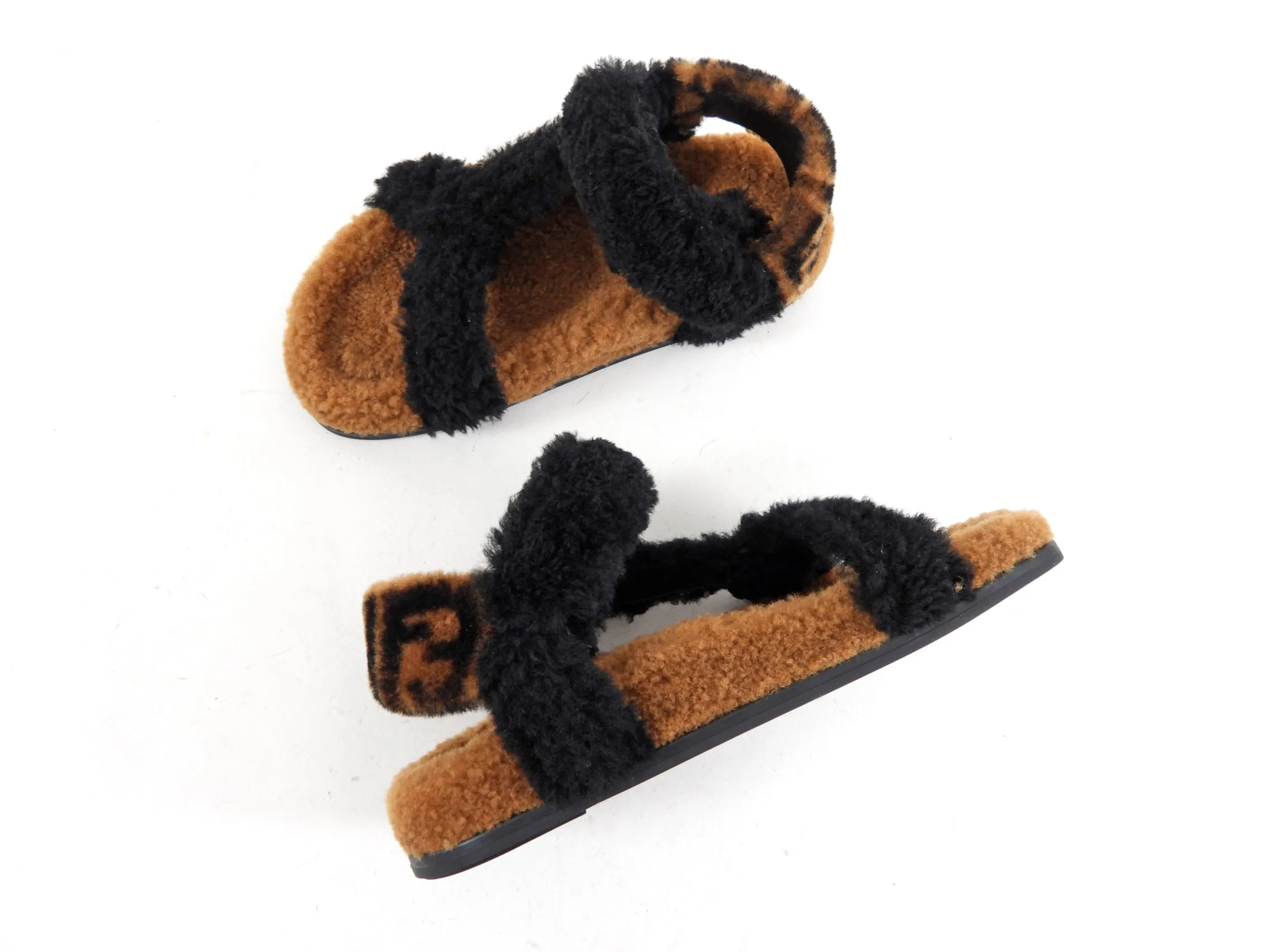 Fendi Brown and Black Zucca Logo Shearling Sandals - Size 37