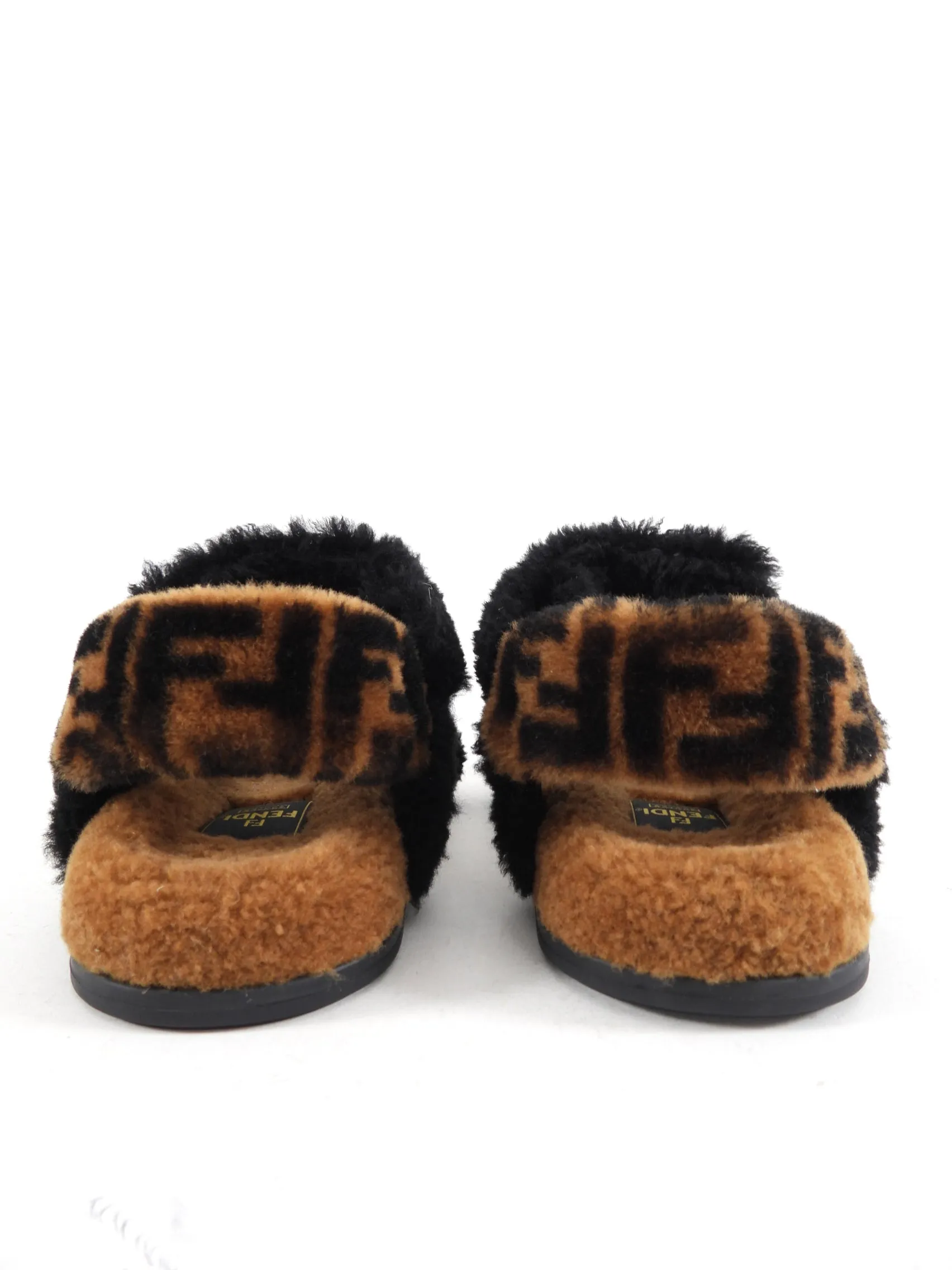 Fendi Brown and Black Zucca Logo Shearling Sandals - Size 37