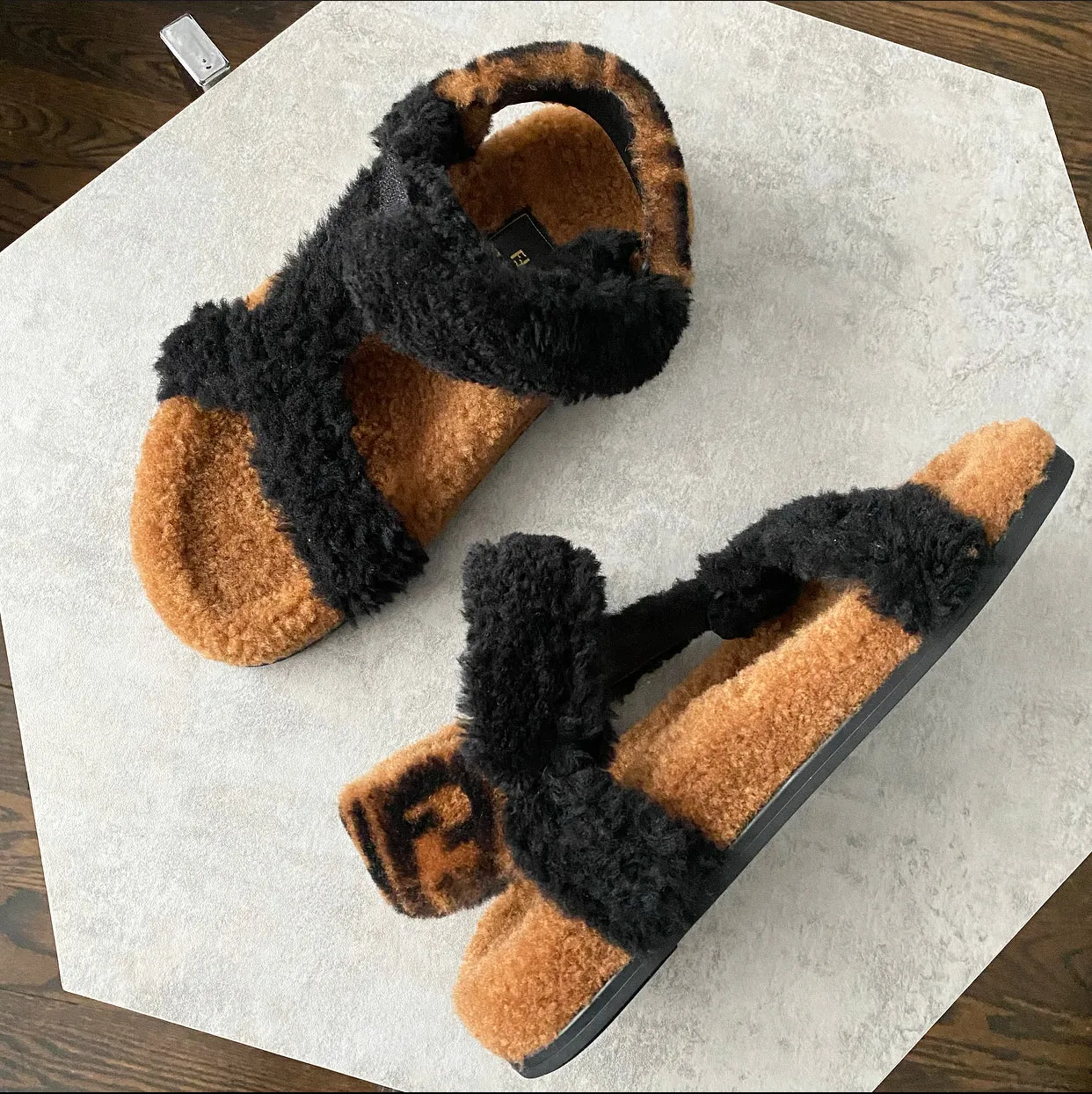 Fendi Brown and Black Zucca Logo Shearling Sandals - Size 37