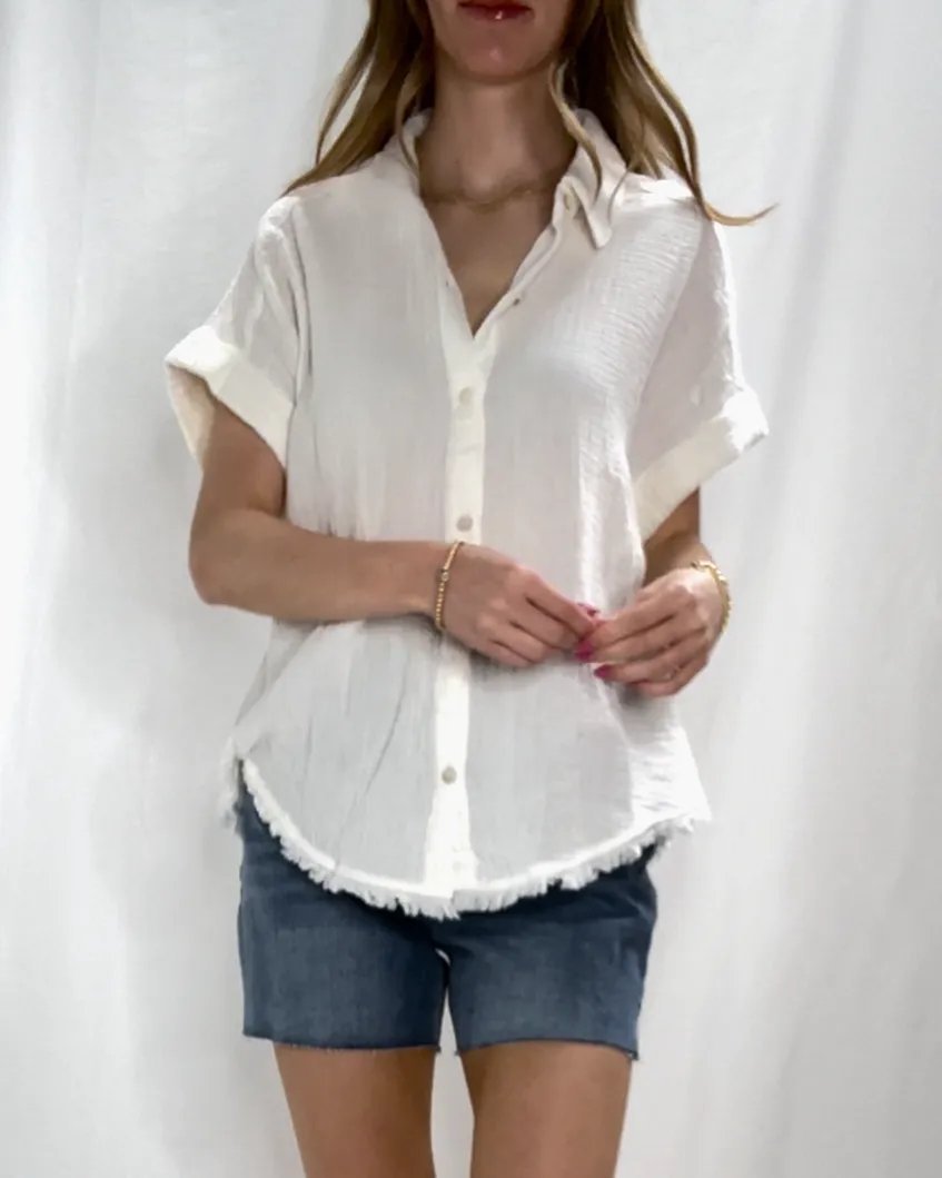 Fringe Edge White Button Down Top