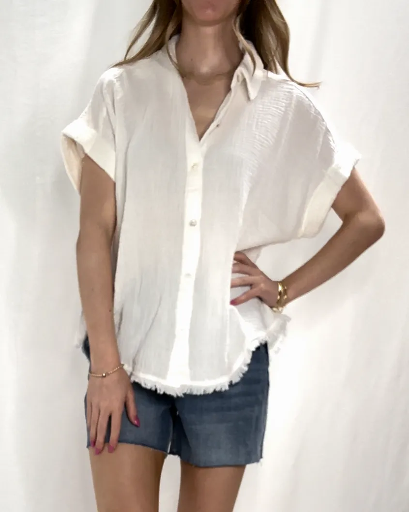 Fringe Edge White Button Down Top