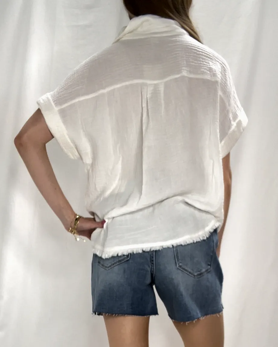 Fringe Edge White Button Down Top