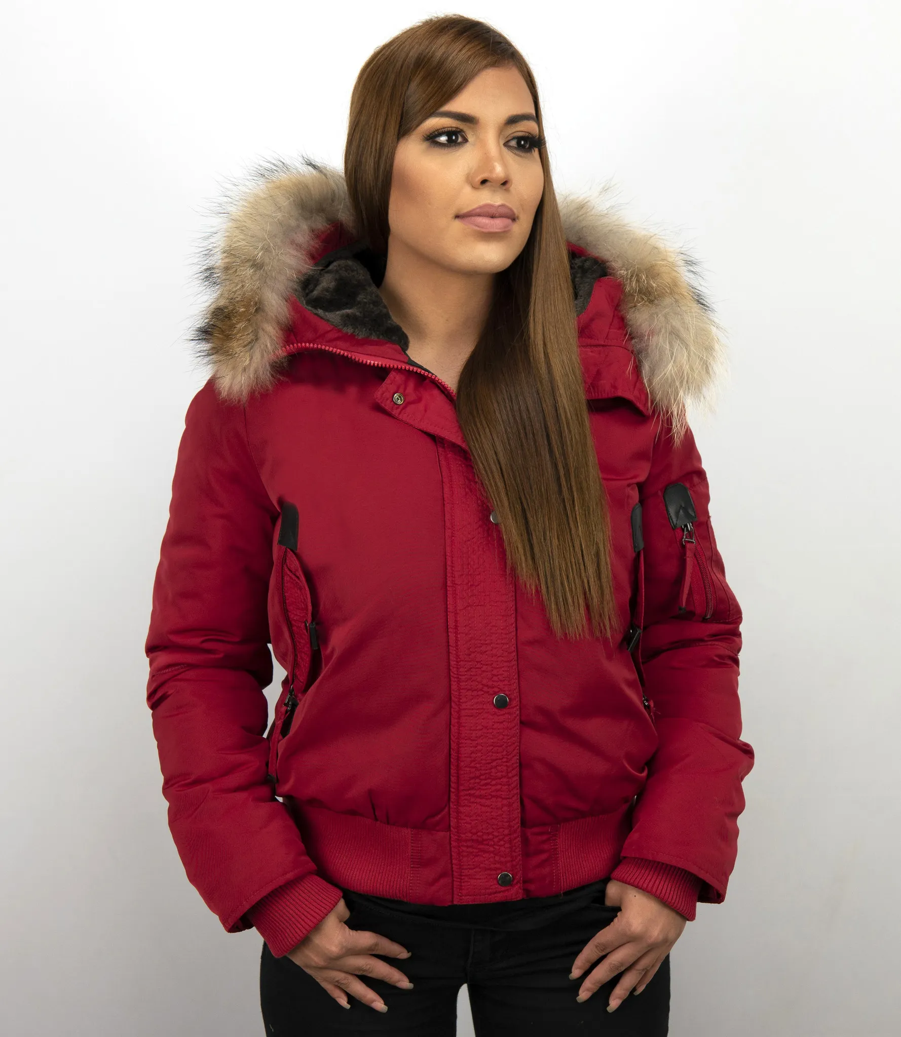 Fur Collar Women Winter Coat Short Red