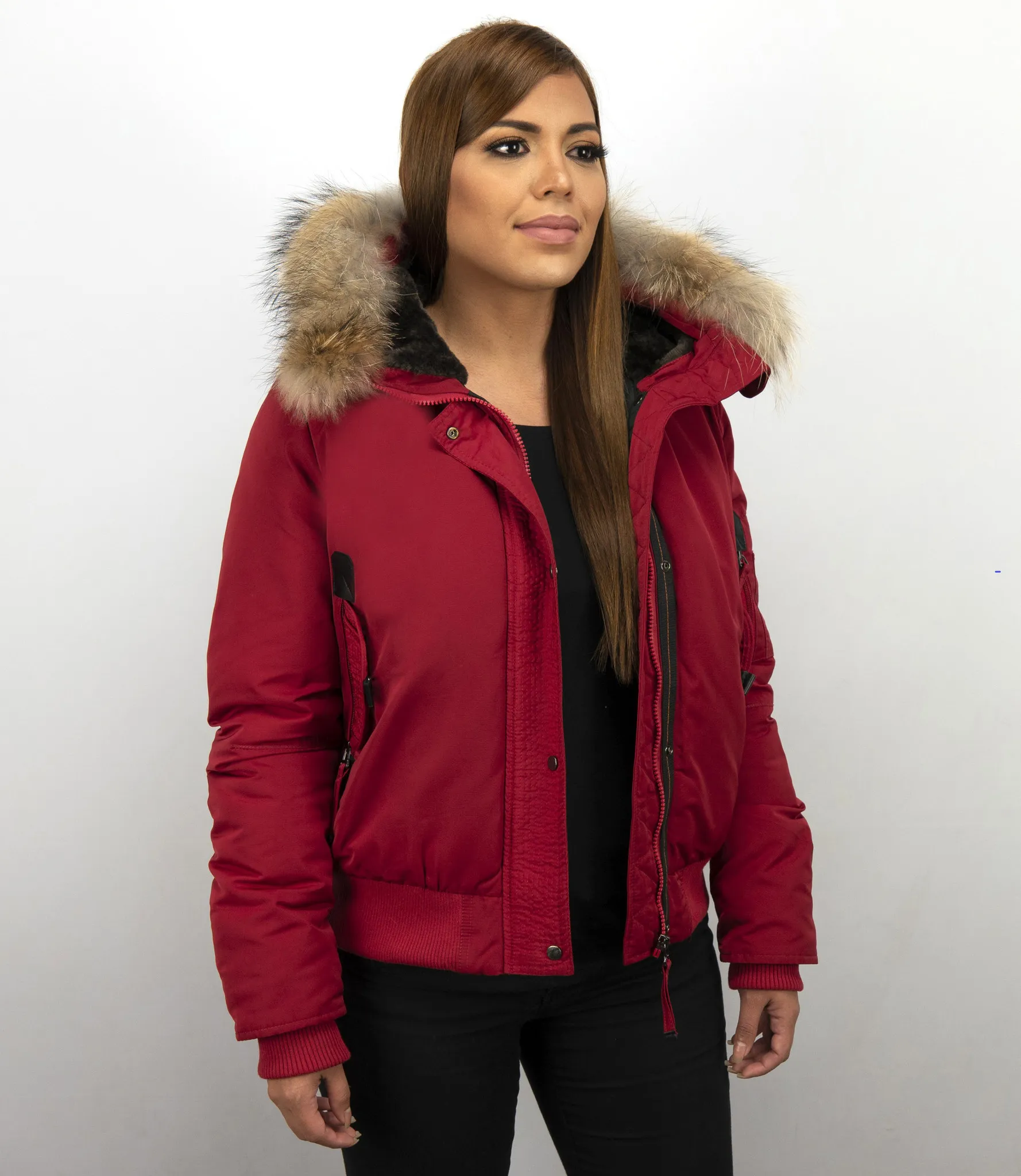 Fur Collar Women Winter Coat Short Red