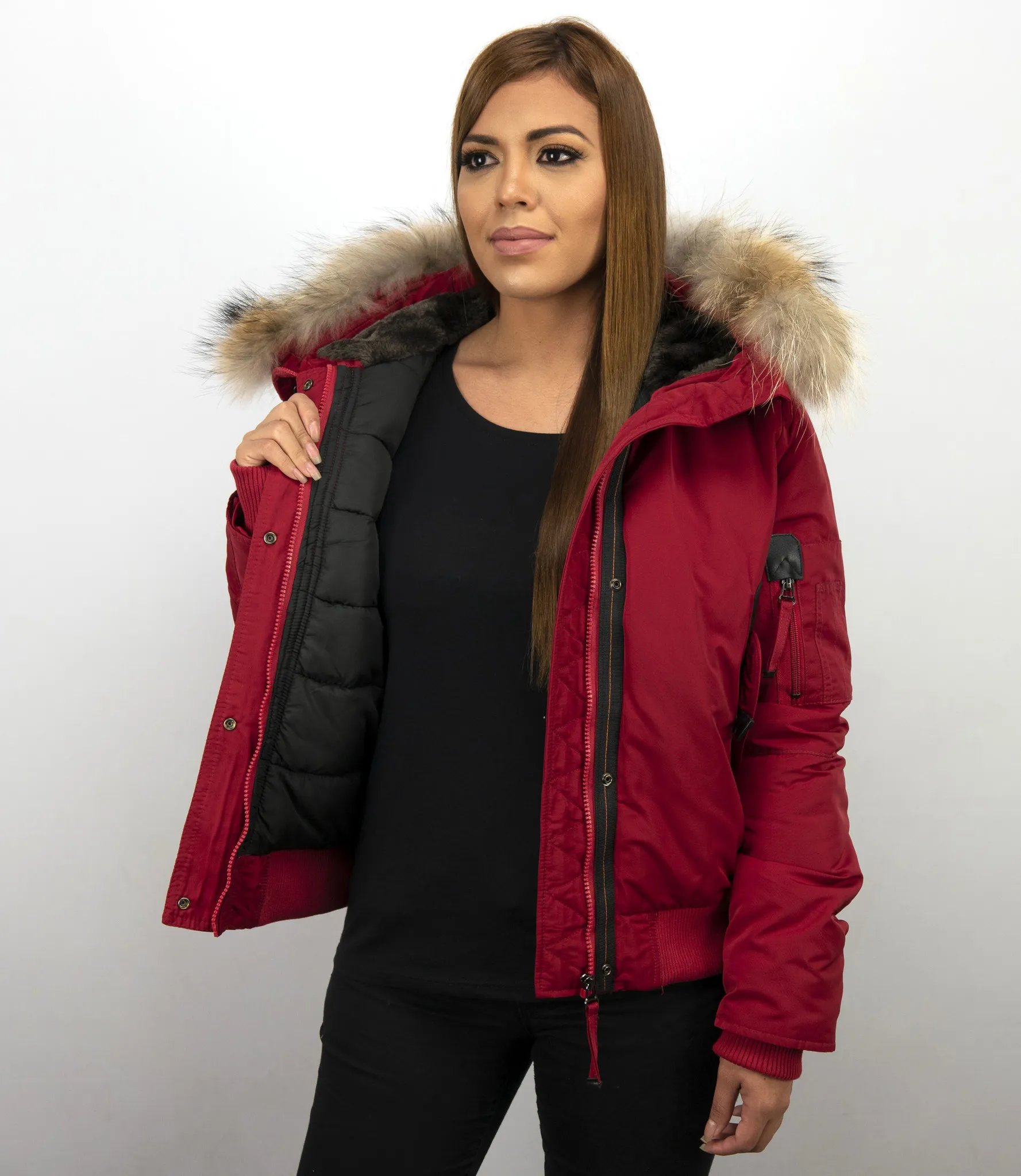 Fur Collar Women Winter Coat Short Red