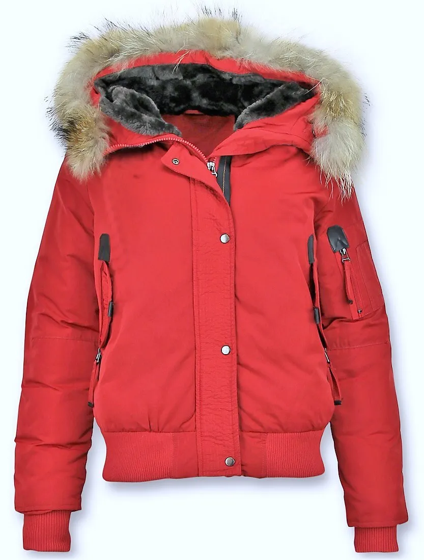 Fur Collar Women Winter Coat Short Red