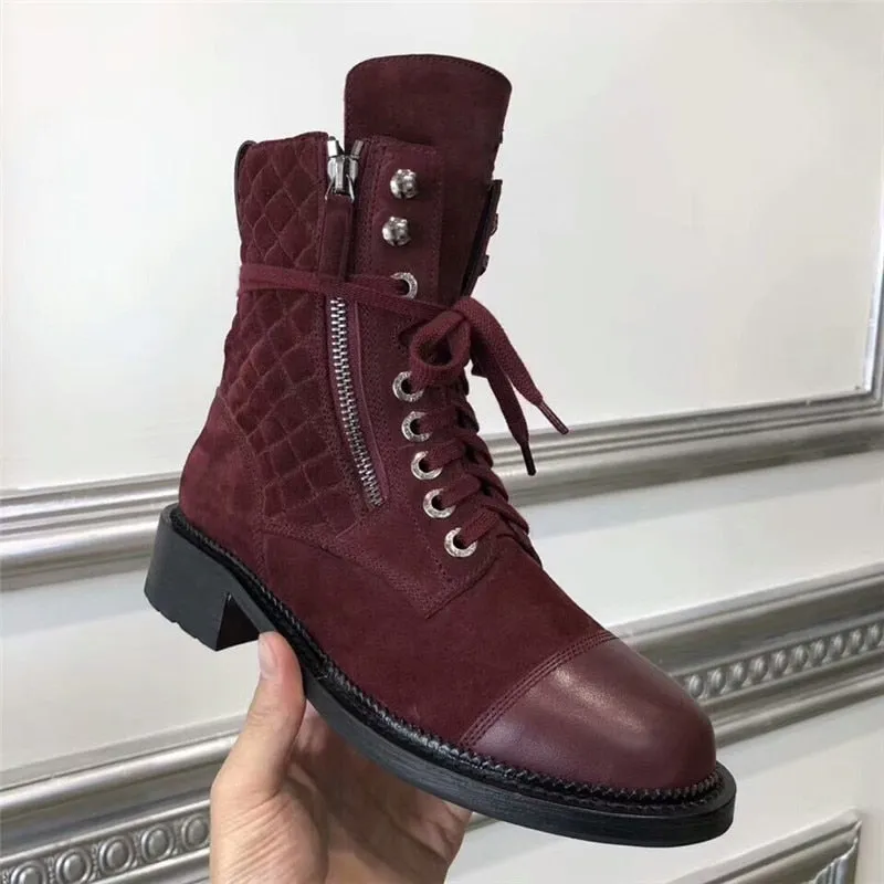 Genuine Leather Women's Lace-up Ankle Boots with Square Heels and Round Toe