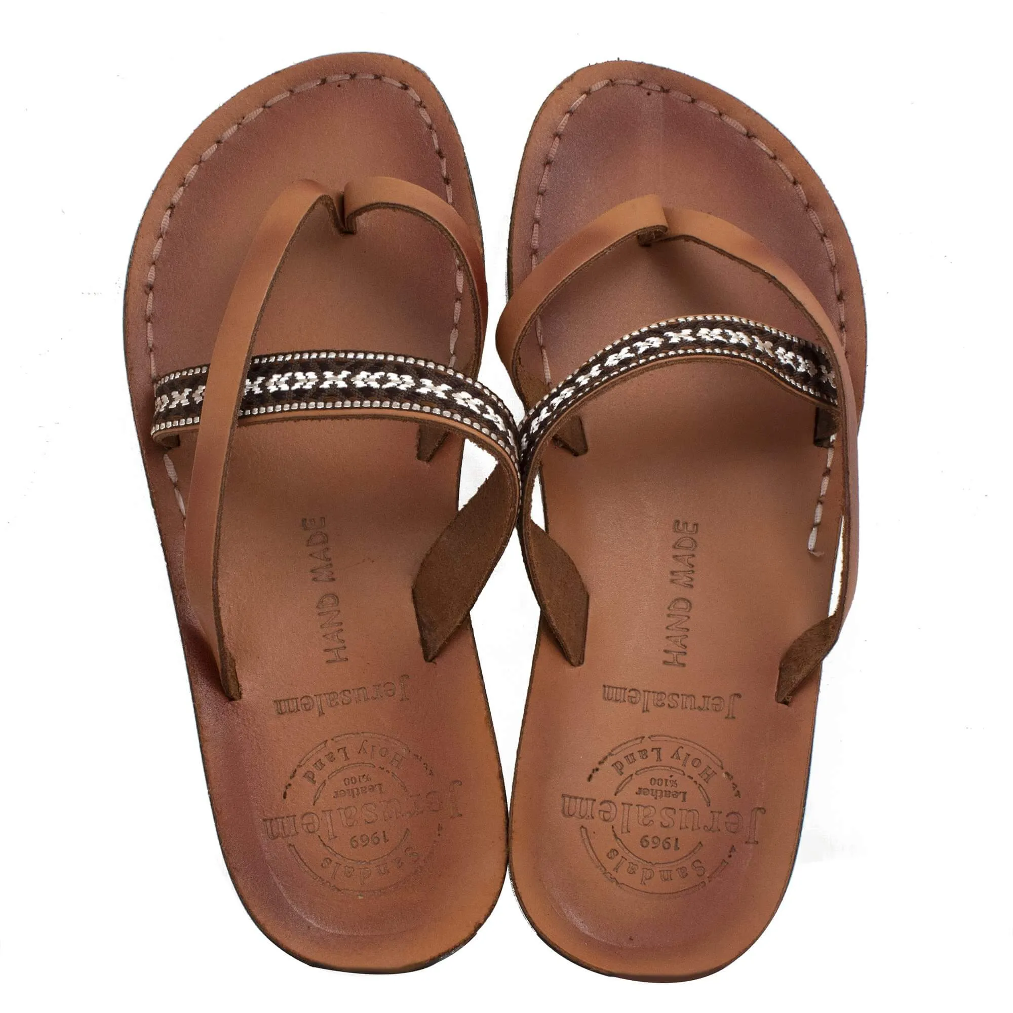 Jerusalem Sandals - Natural Leather Women's Sandals with Camel Strap and Fabric Braid