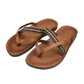 Jerusalem Sandals - Natural Leather Women's Sandals with Camel Strap and Fabric Braid