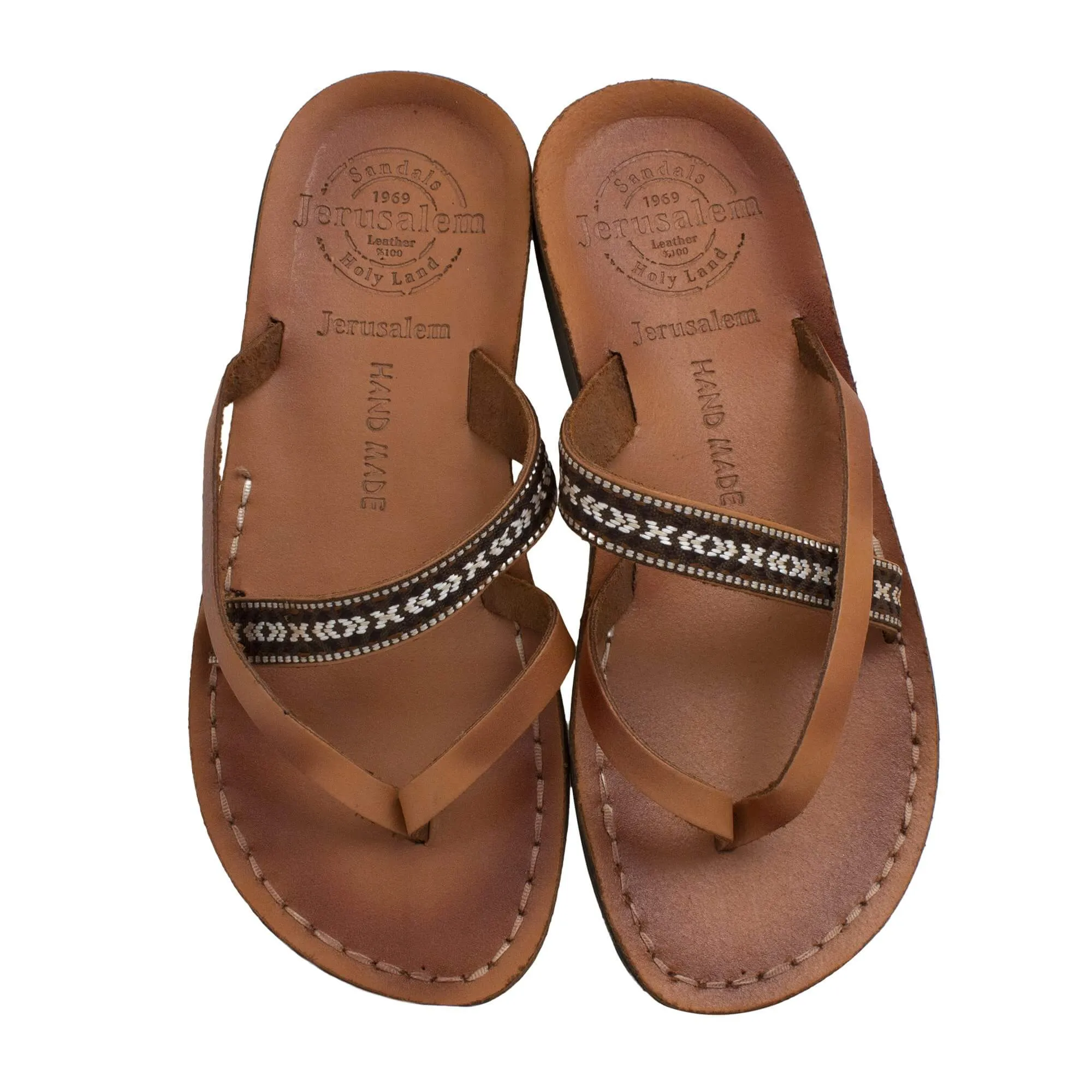 Jerusalem Sandals - Natural Leather Women's Sandals with Camel Strap and Fabric Braid