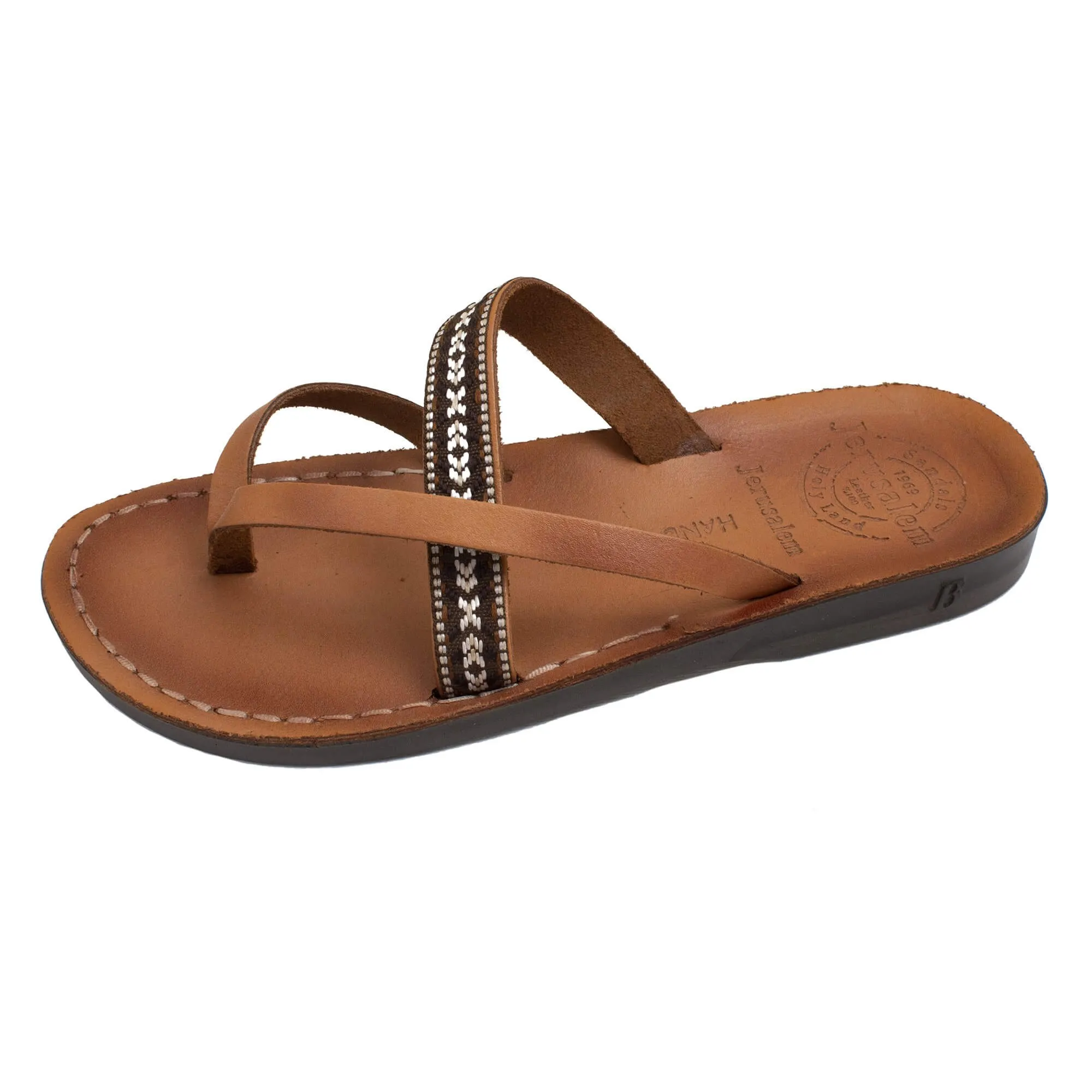 Jerusalem Sandals - Natural Leather Women's Sandals with Camel Strap and Fabric Braid