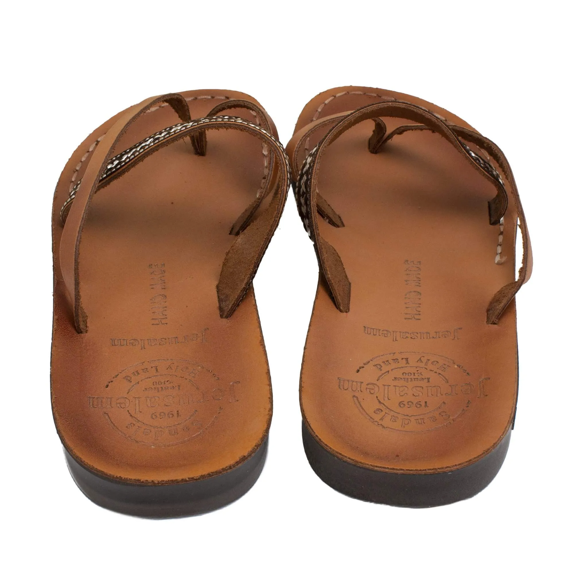 Jerusalem Sandals - Natural Leather Women's Sandals with Camel Strap and Fabric Braid