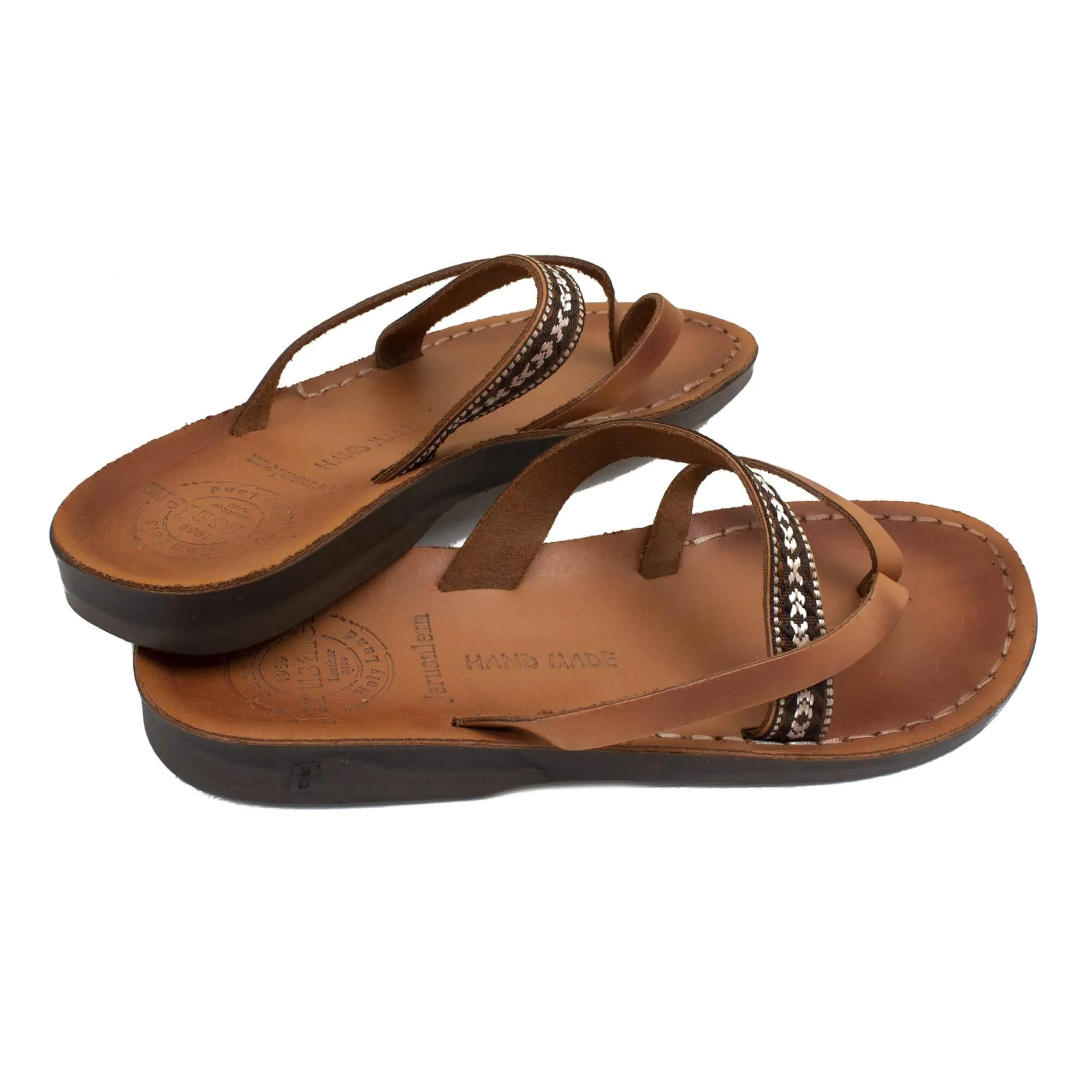 Jerusalem Sandals - Natural Leather Women's Sandals with Camel Strap and Fabric Braid