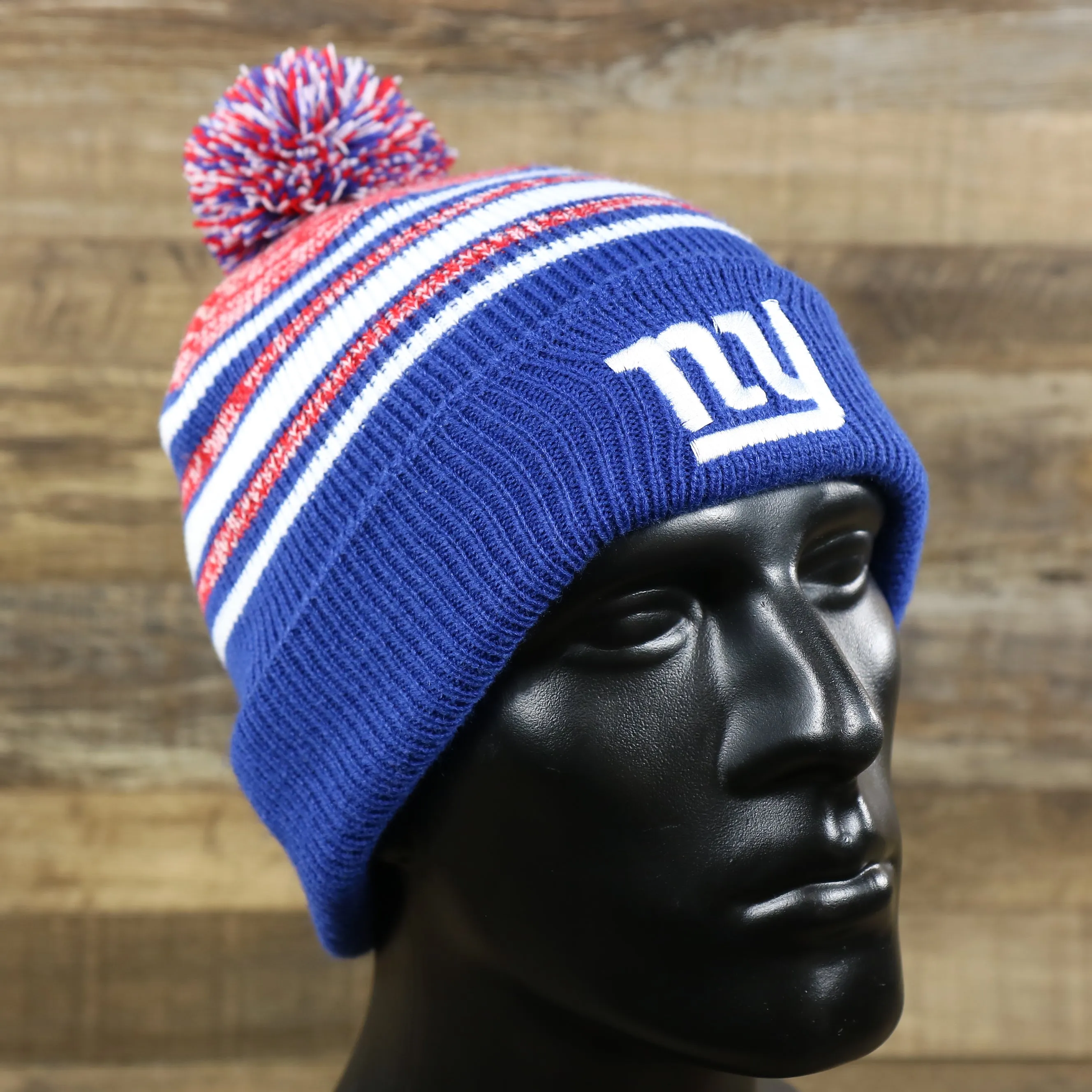 Kids NY Giants Striped Pom Pom Winter Beanie | Royal Blue, Red, White Beanie