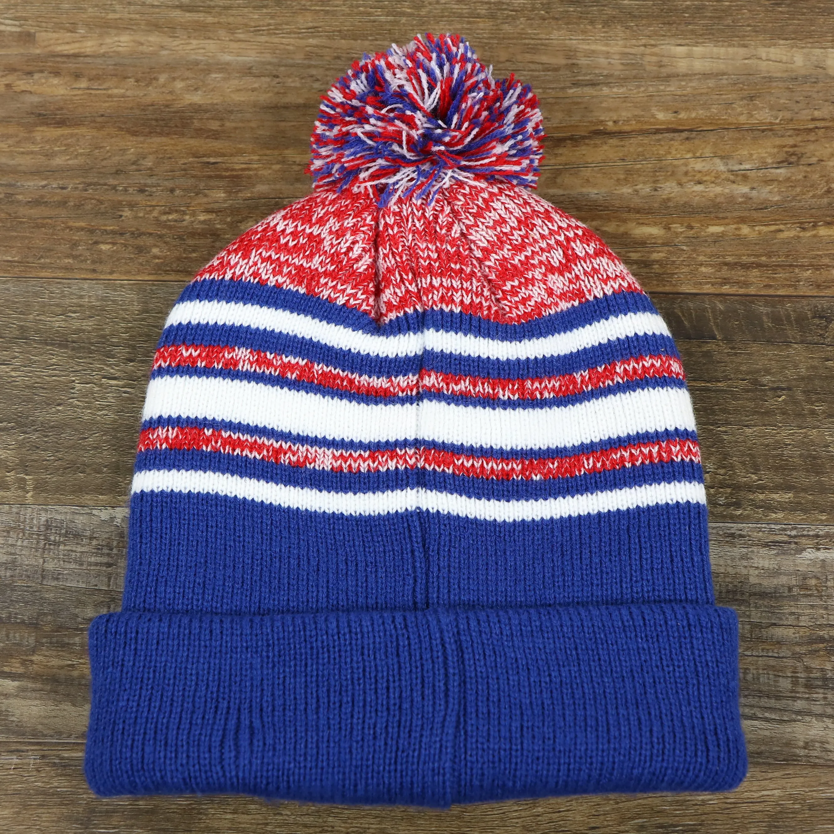 Kids NY Giants Striped Pom Pom Winter Beanie | Royal Blue, Red, White Beanie