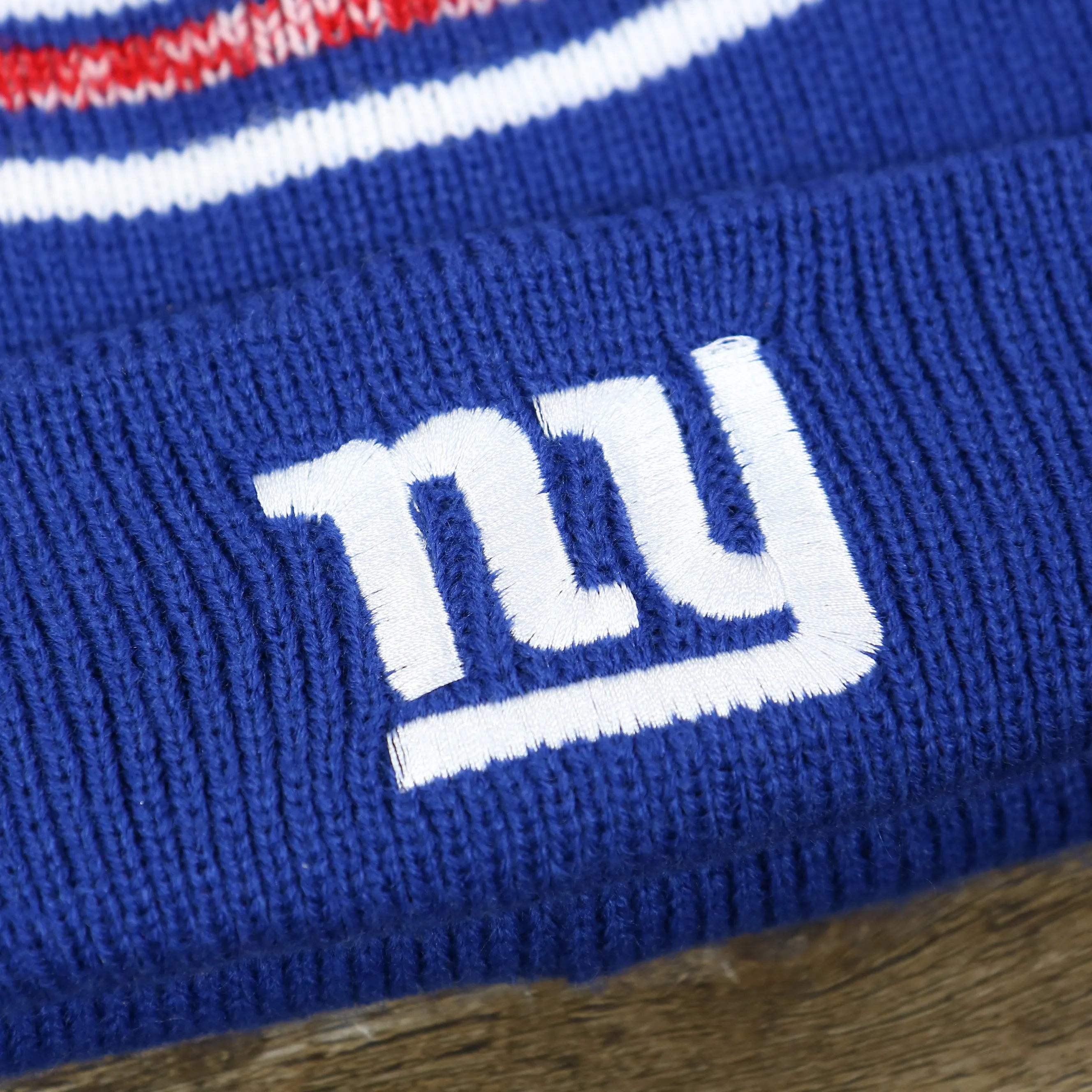 Kids NY Giants Striped Pom Pom Winter Beanie | Royal Blue, Red, White Beanie