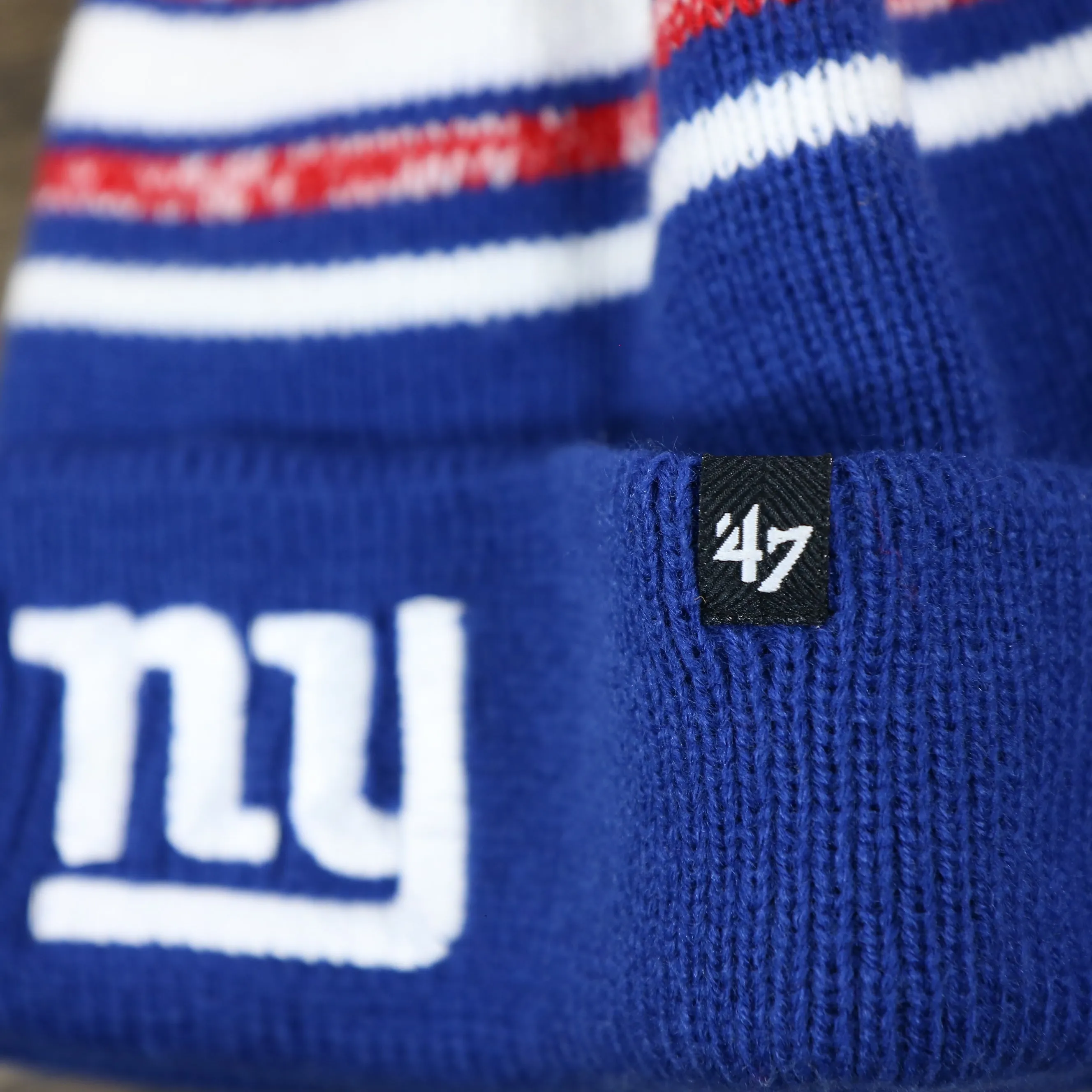 Kids NY Giants Striped Pom Pom Winter Beanie | Royal Blue, Red, White Beanie