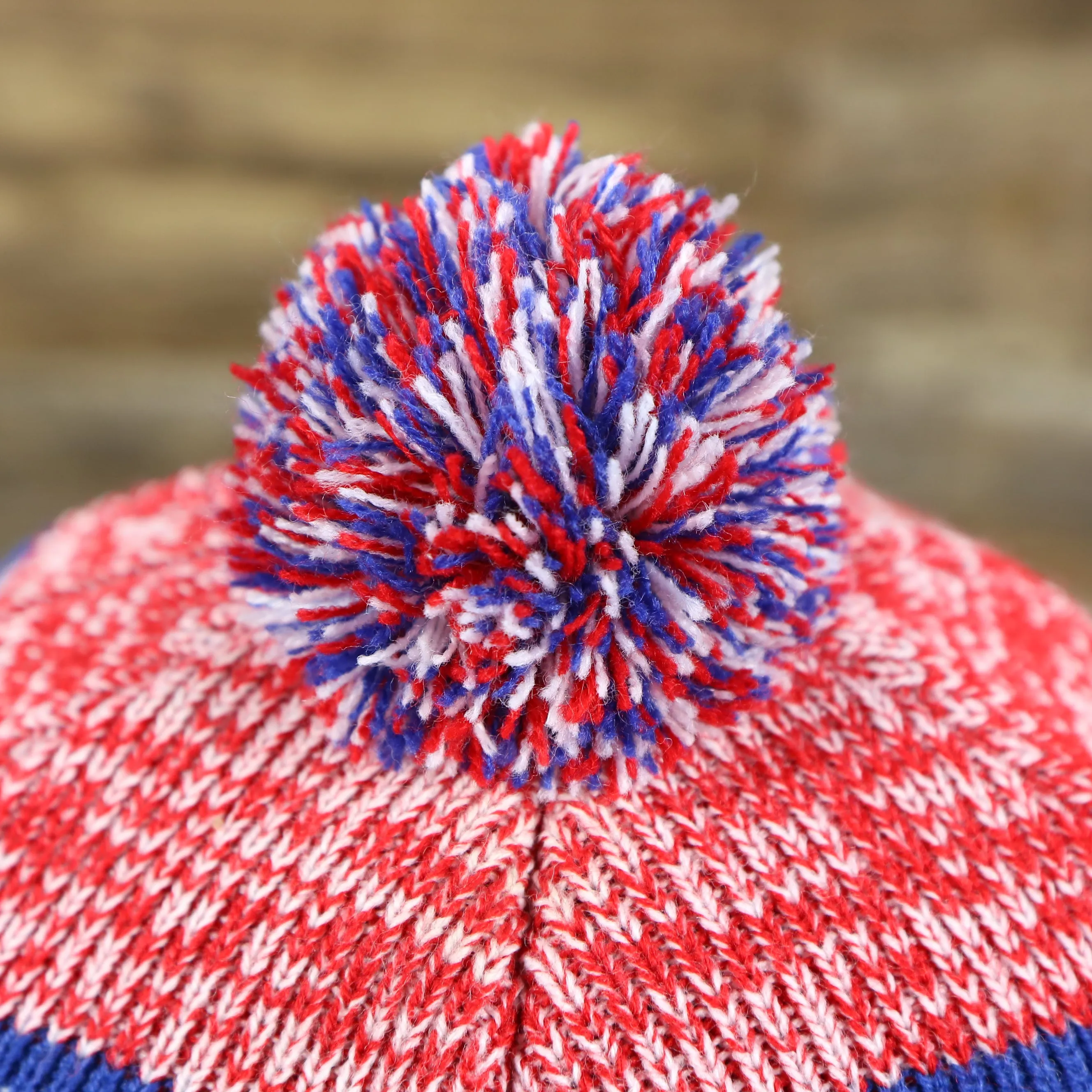 Kids NY Giants Striped Pom Pom Winter Beanie | Royal Blue, Red, White Beanie