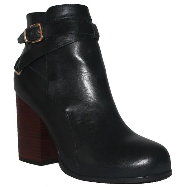 Kixters Gena - Black Leather Strap Block Heel Boot - Affordable and Stylish