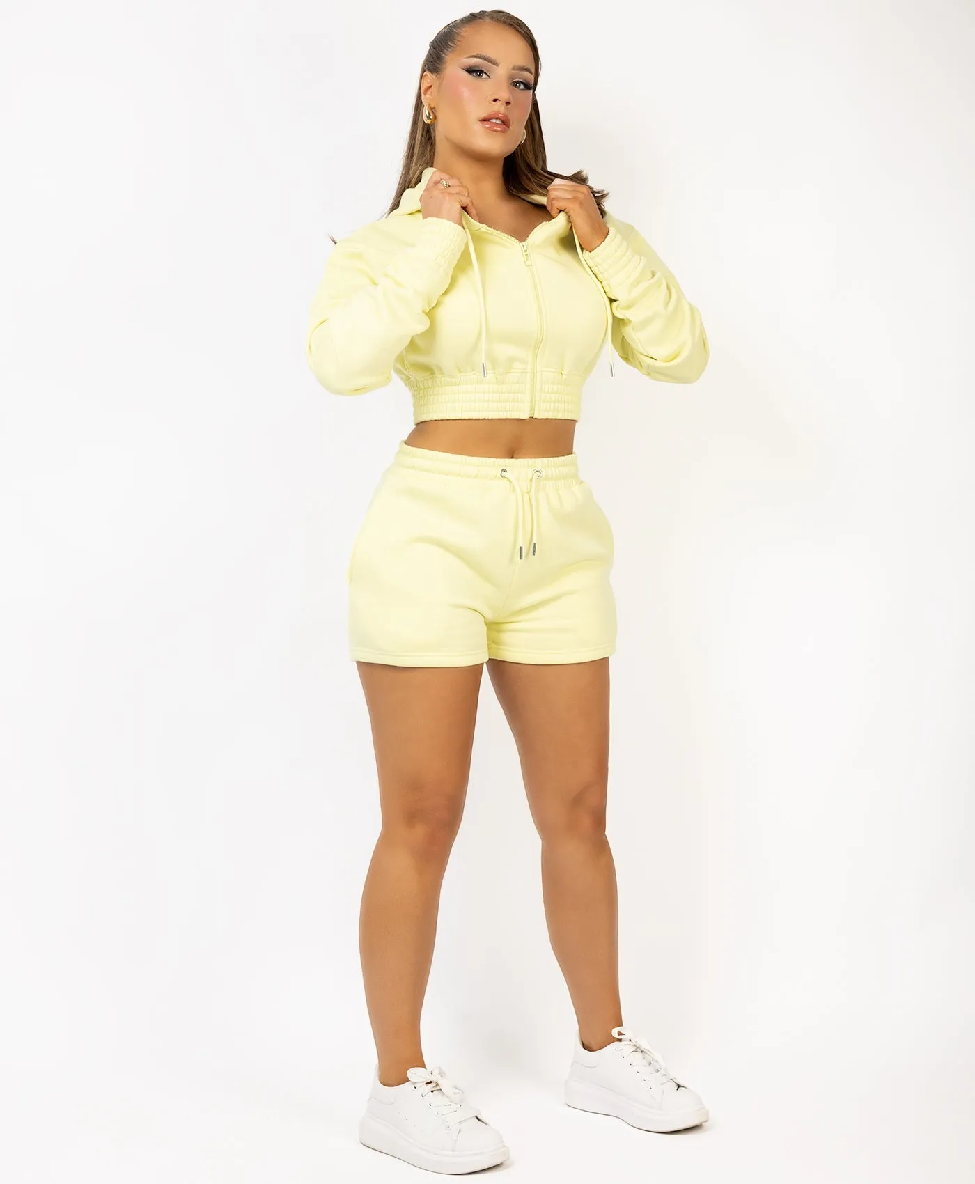 Lemon Zipped Cropped Long Sleeve Hoodie And Shorts Tracksuit Set