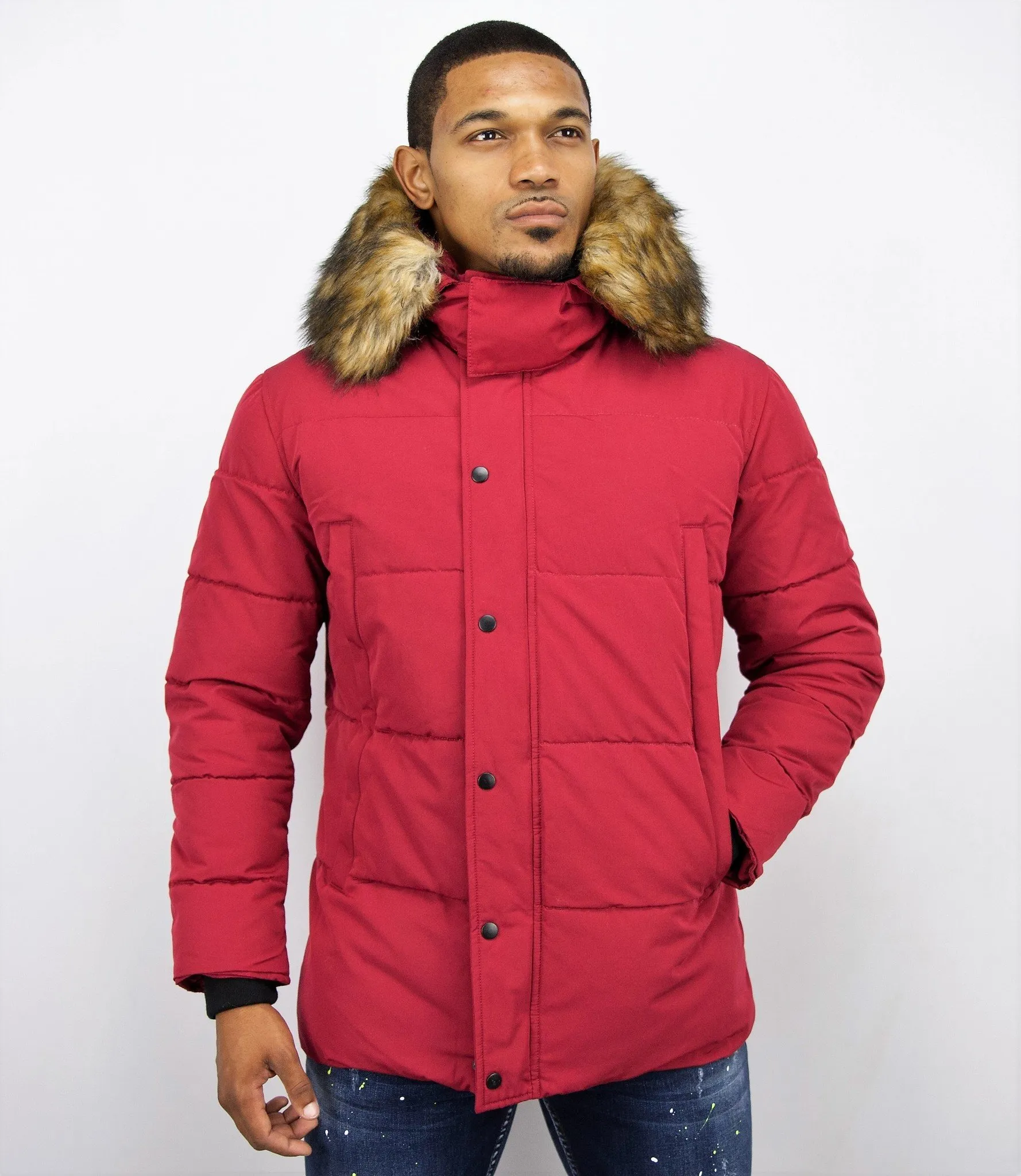 Men Winter Coat With Faux Fur Collar Red |