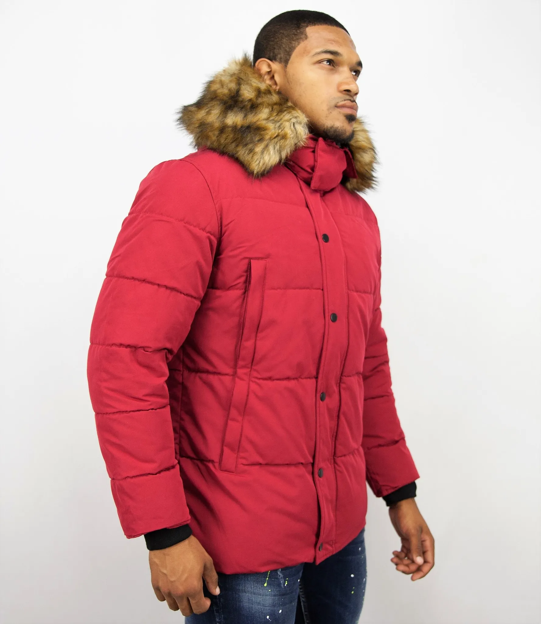 Men Winter Coat With Faux Fur Collar Red |