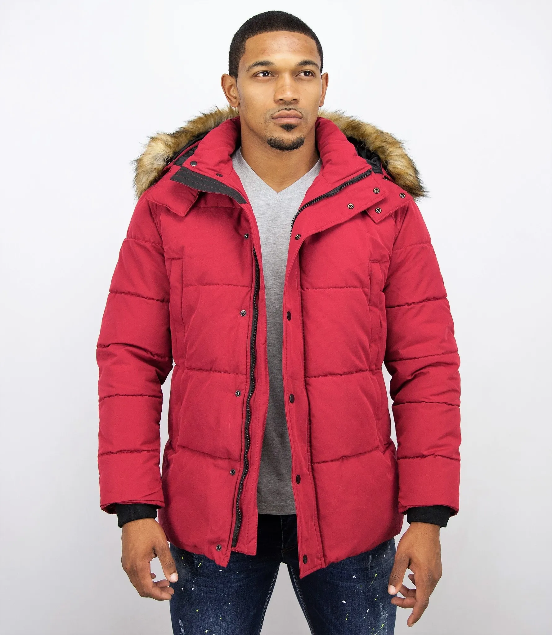 Men Winter Coat With Faux Fur Collar Red |