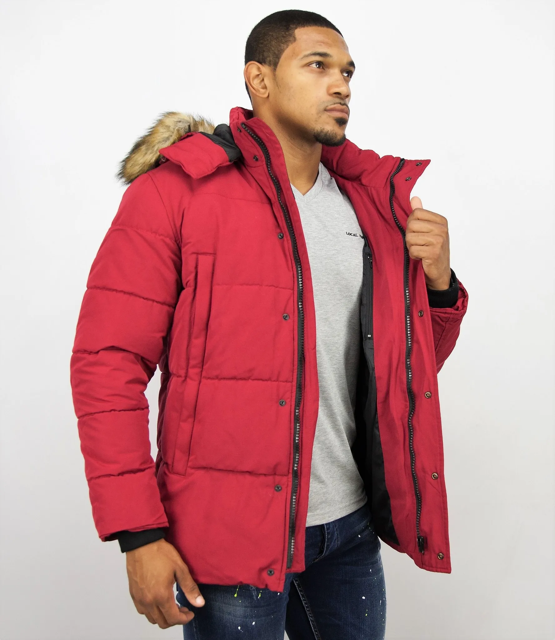 Men Winter Coat With Faux Fur Collar Red |