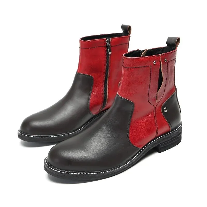 Men's Black Red Leather Round Toe Cowboy Ankle Boots