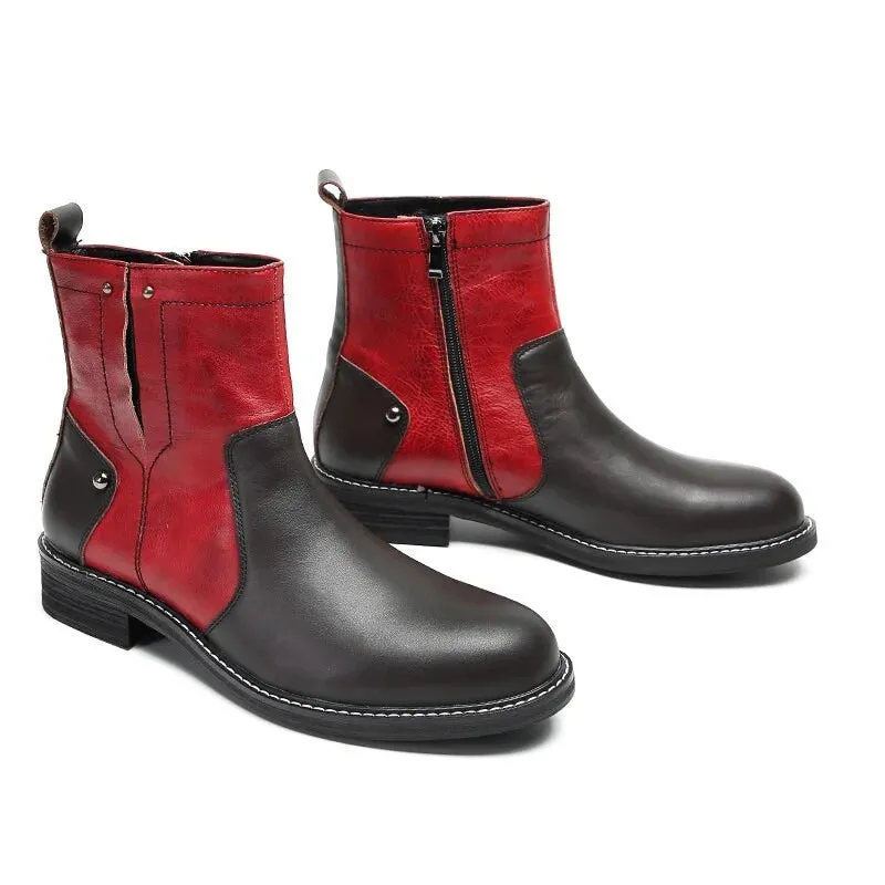 Men's Black Red Leather Round Toe Cowboy Ankle Boots