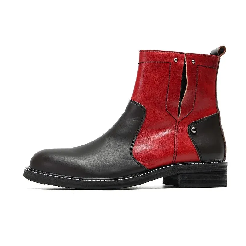 Men's Black Red Leather Round Toe Cowboy Ankle Boots