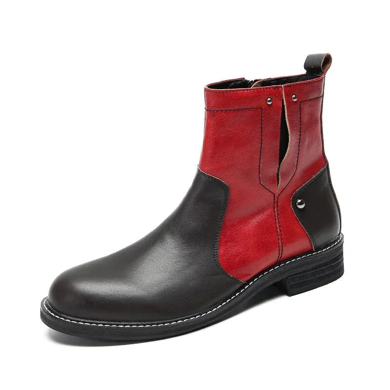 Men's Black Red Leather Round Toe Cowboy Ankle Boots