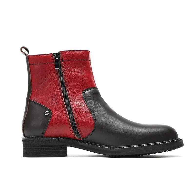 Men's Black Red Leather Round Toe Cowboy Ankle Boots