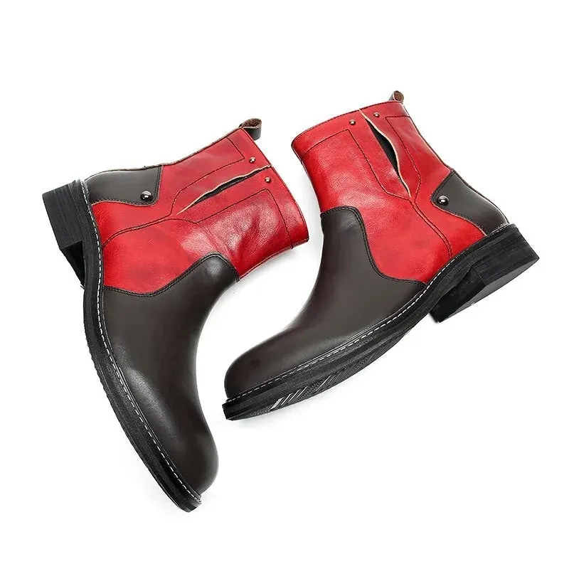 Men's Black Red Leather Round Toe Cowboy Ankle Boots