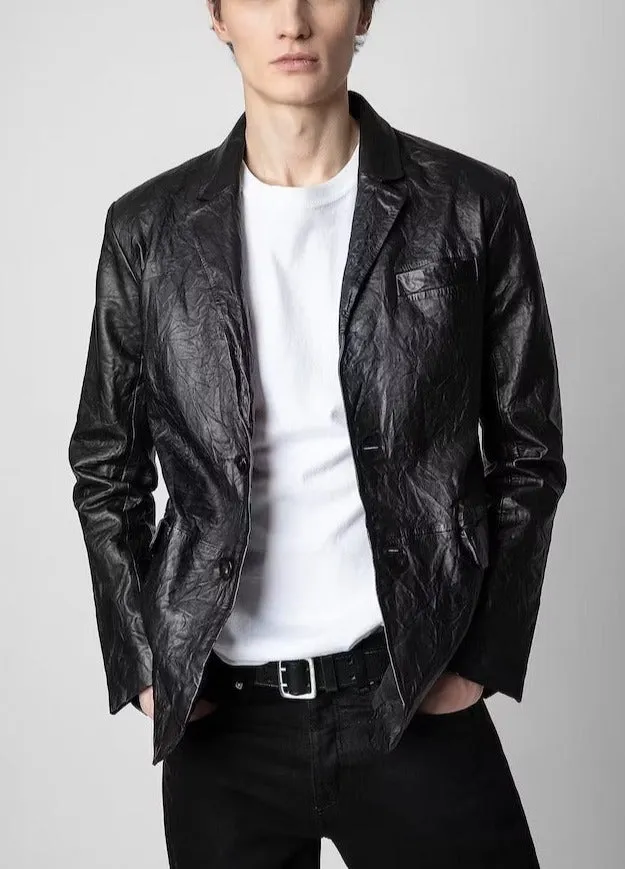 Men's Crushed Leather Blazer Jacket