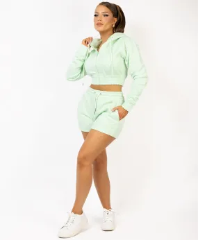 Mint Zipped Cropped Long Sleeve Hoodie And Shorts Tracksuit Set