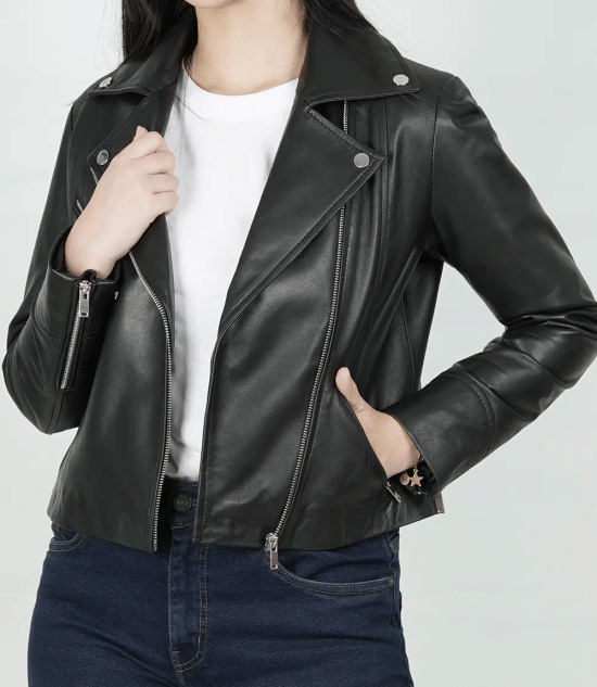 Ninfa Women Moto Style Relaxed Fit Real Leather Jacket