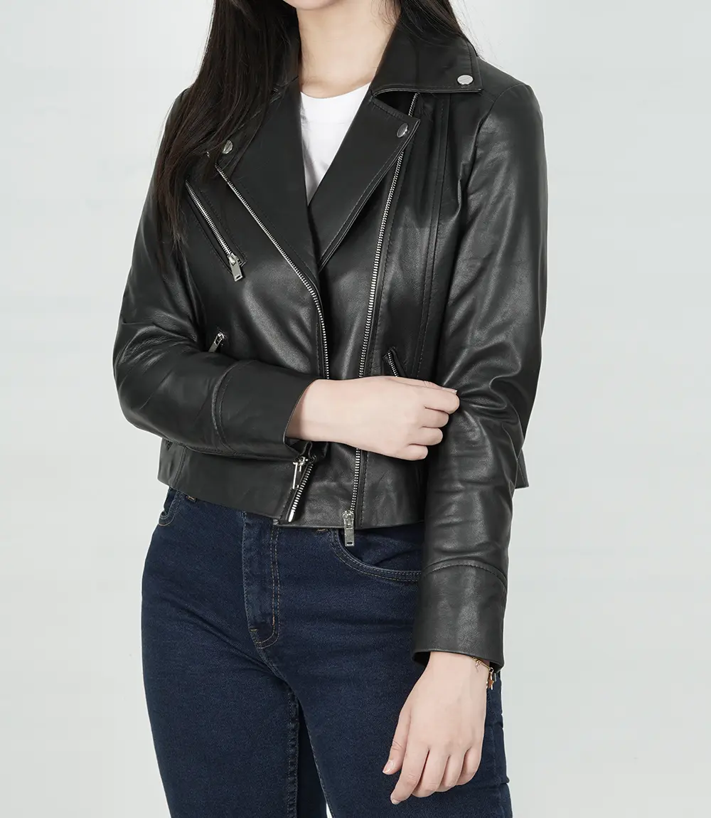 Ninfa Women Moto Style Relaxed Fit Real Leather Jacket