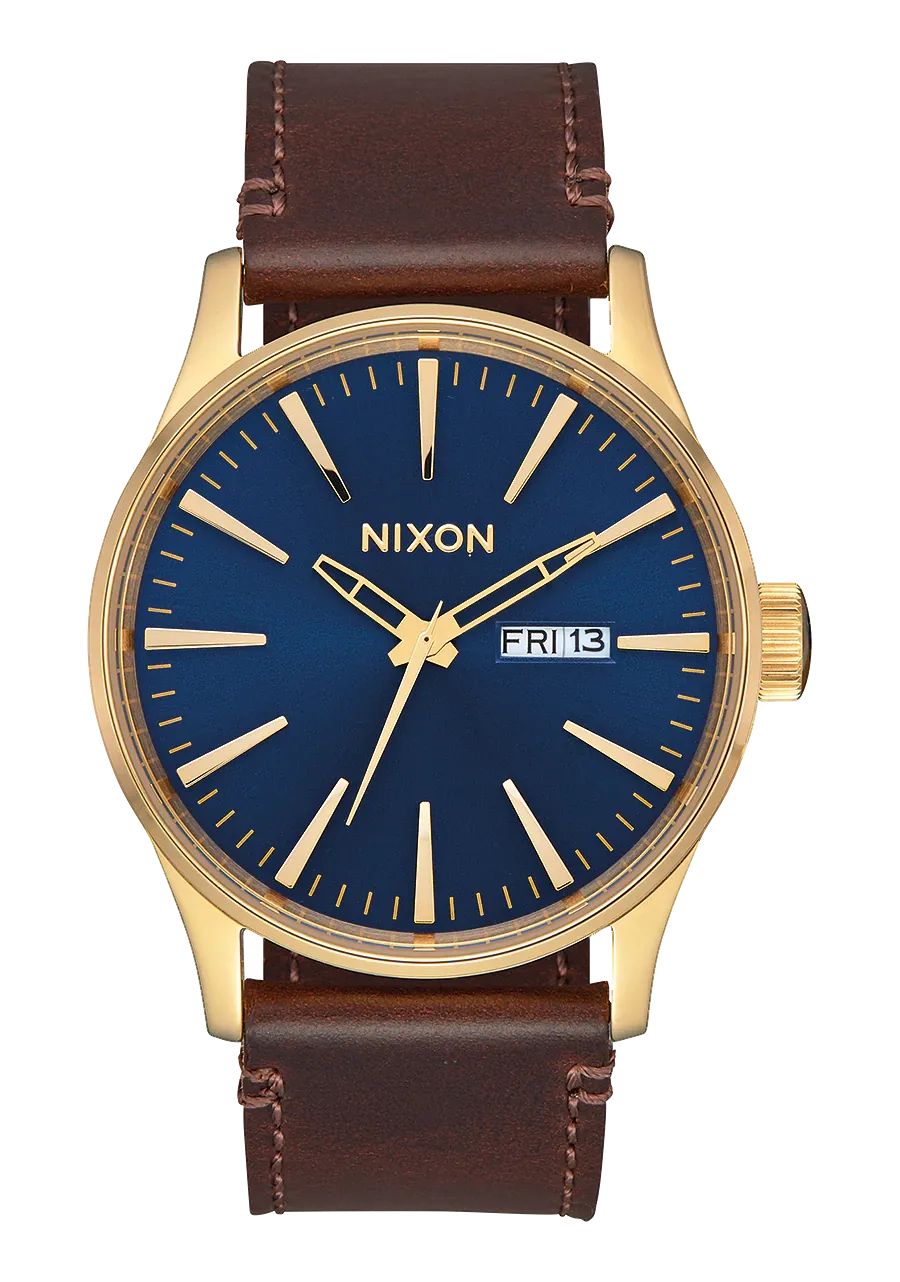 Nixon Sentry Watch - Leather Band Gold/Navy - Sunray Dial