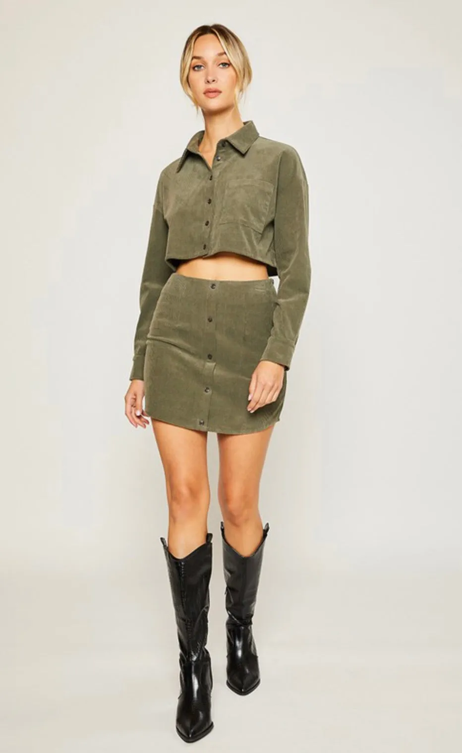 Olive Corduroy Mini Skirt with Button Down - Shop Now!